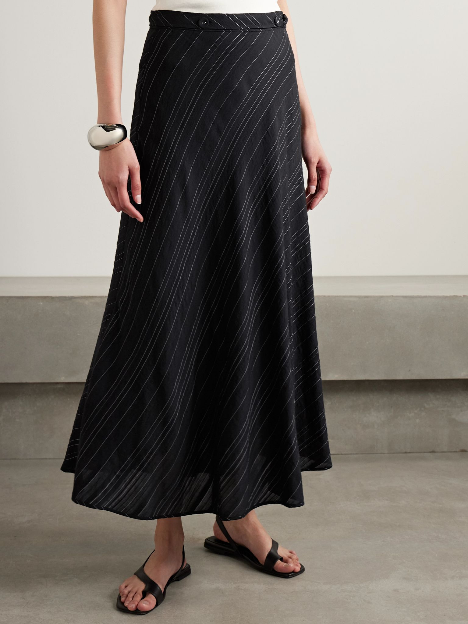 Kaia belted striped voile midi skirt Black - 3