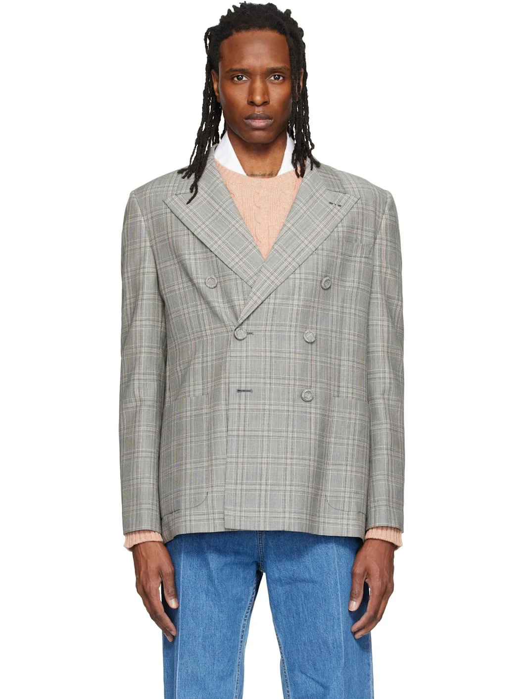 Gray Double-Breasted Mohair Wool Check Blazer - 1
