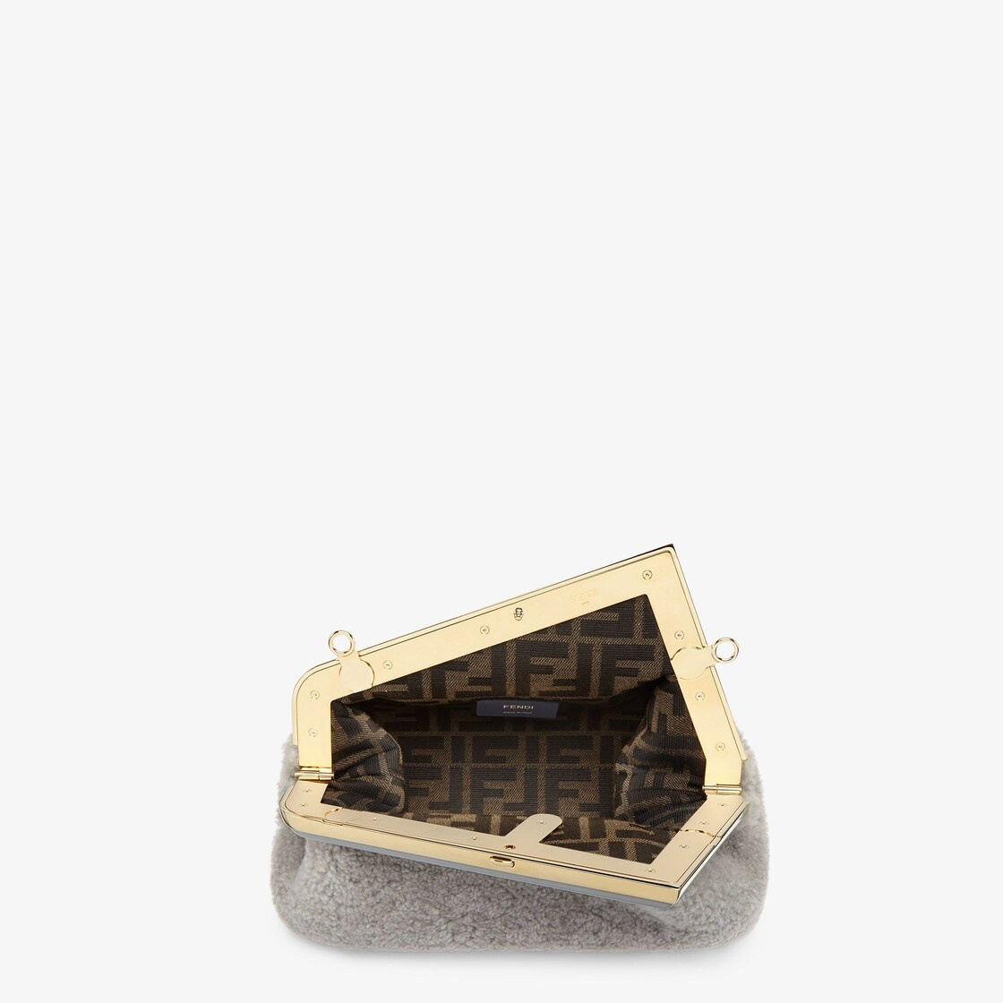 Small Fendi First bag made of soft, pale gray sheepskin with oversized metal F clasp bound in tone o - 4