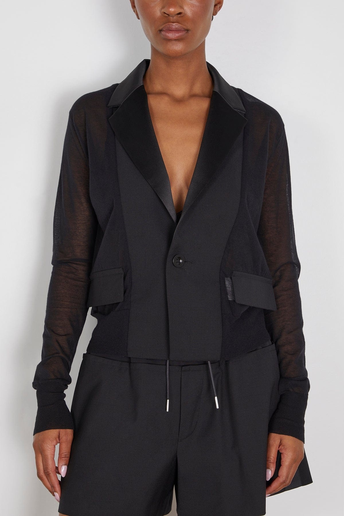sacai Suiting Mix Knit Cardigan in Black | hampdenclothing sacai Suiting Mix Knit Cardigan in Black | hampdenclothing