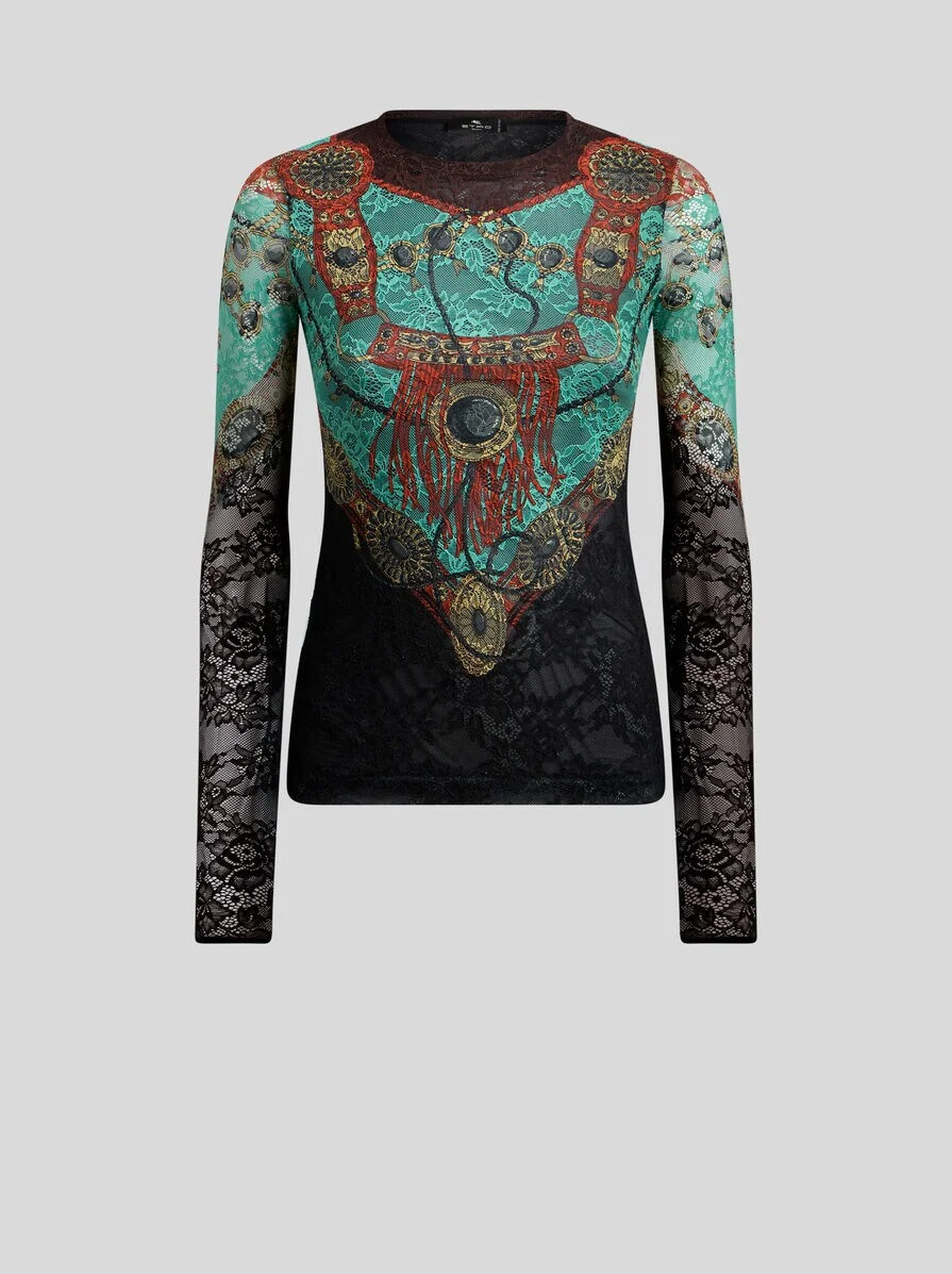 JERSEY SWEATER WITH LACE AND PLACED JEWELLERY PRINT - 1