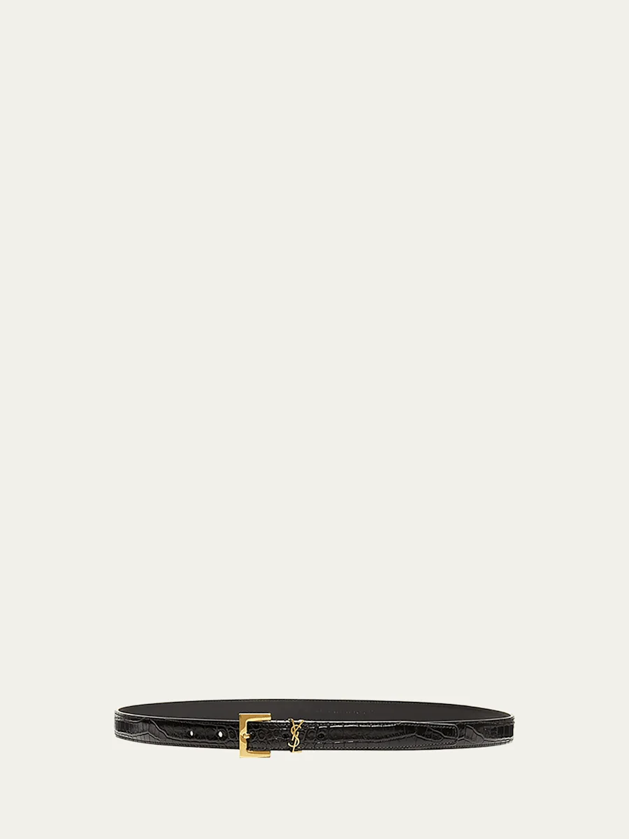 YSL Croc-Embossed Skinny Belt - 1