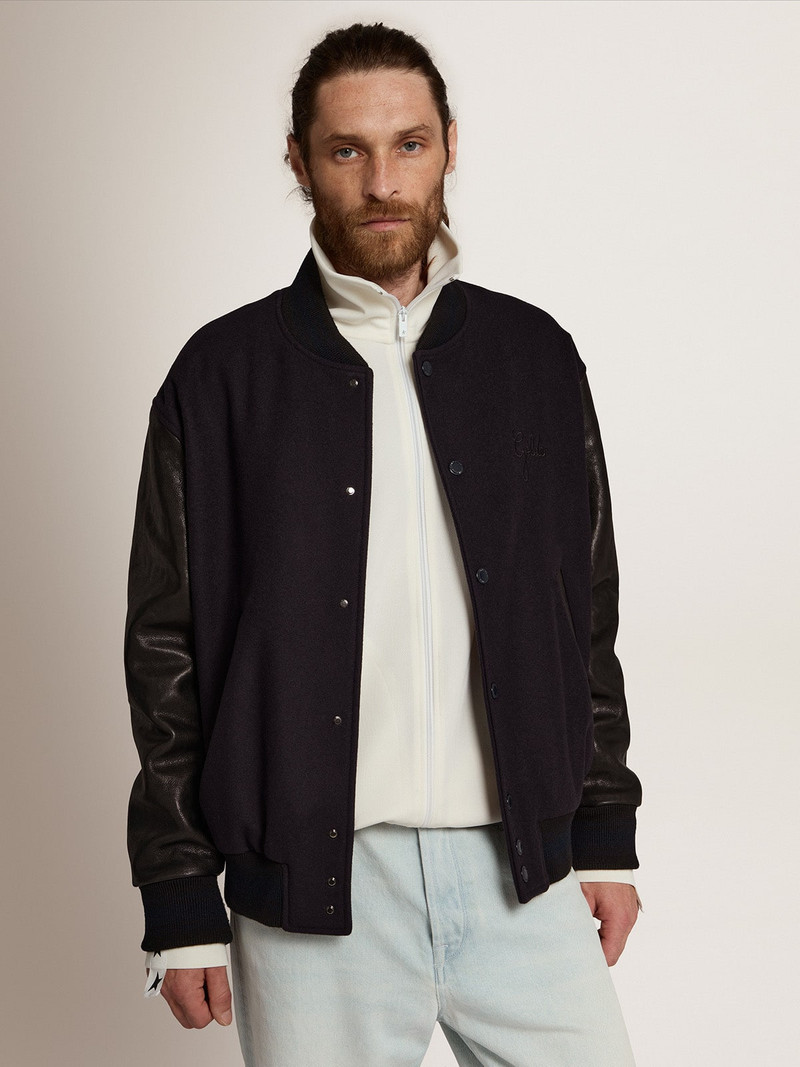 Golden Goose Men's bomber jacket in dark blue wool with leather sleeves outlook