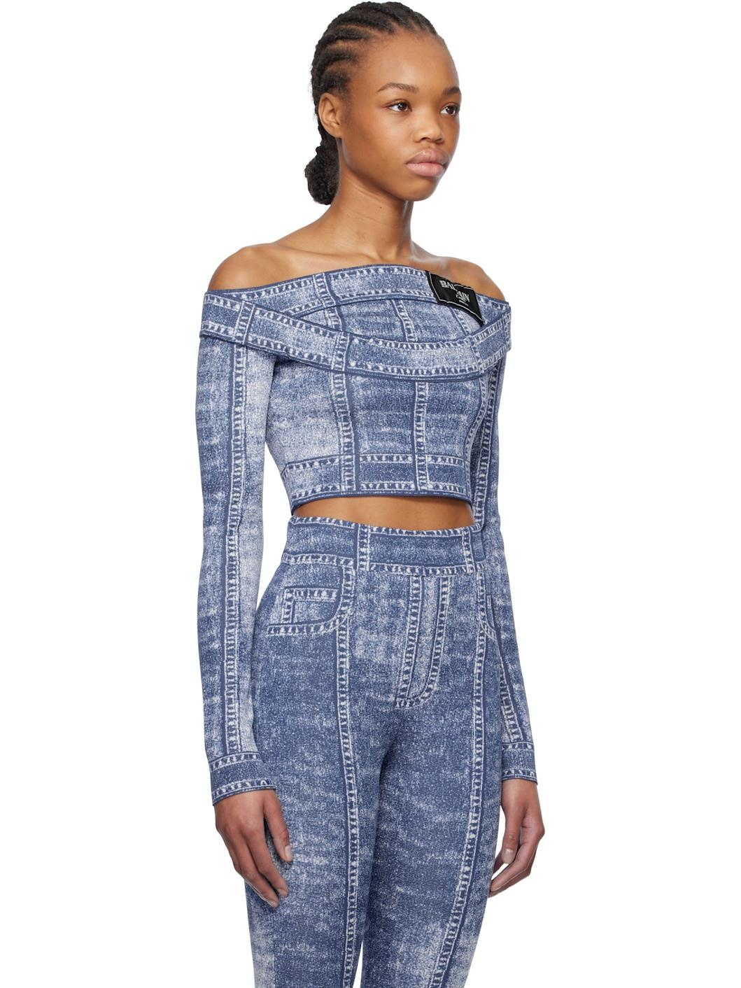 Blue Double Collar Denim Trompe L'oeil Top - 2