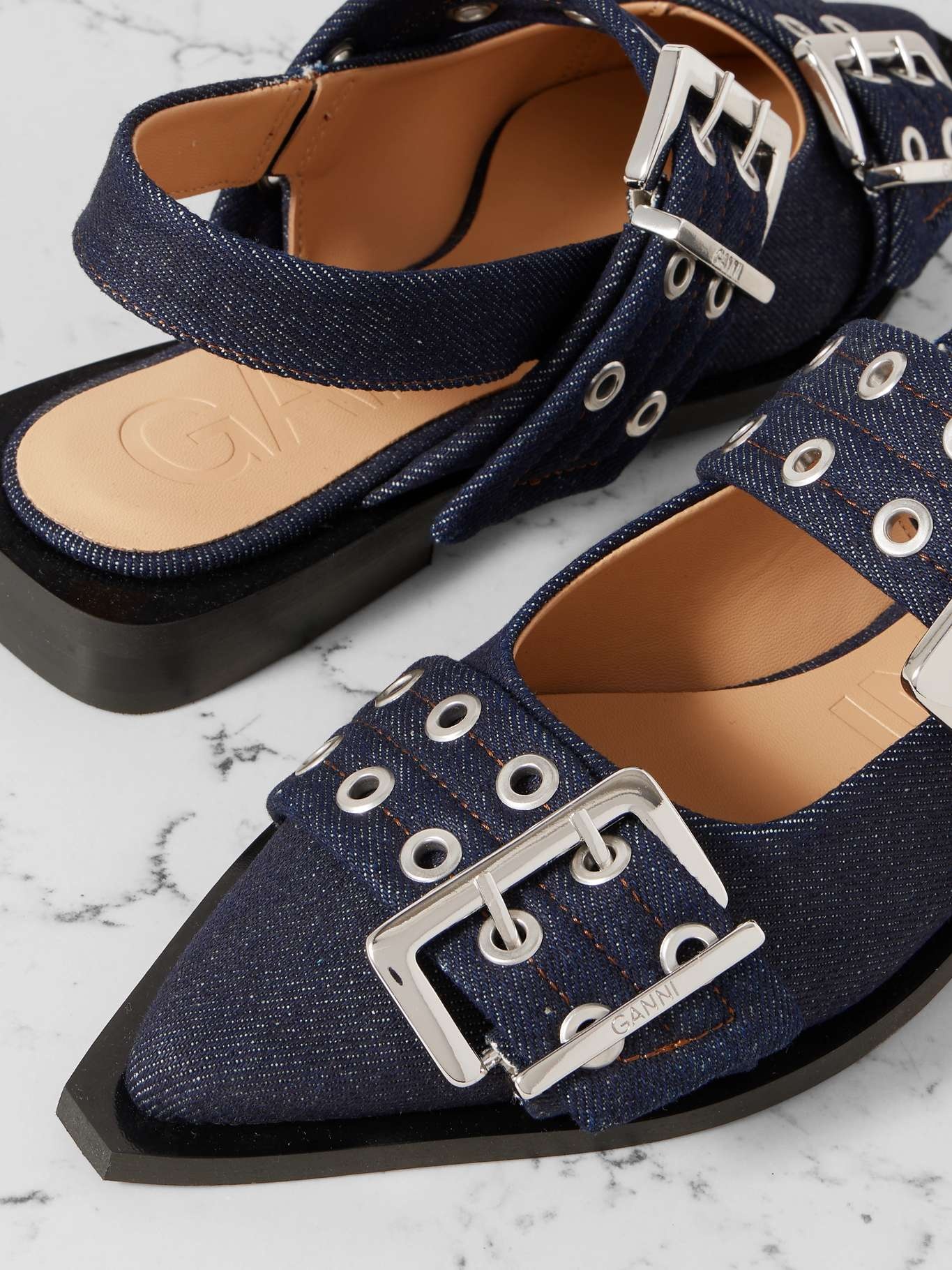 Buckled eyelet-embellished recycled denim ballet flats - 4