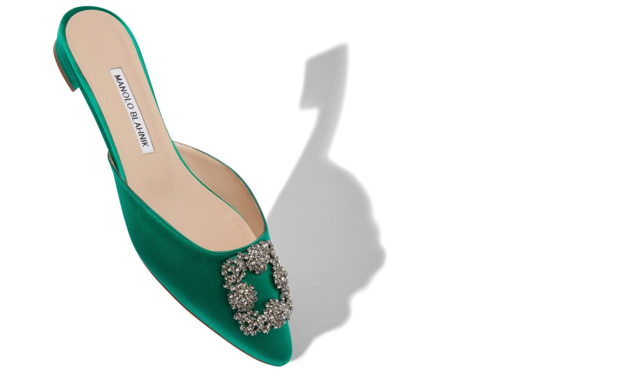 Green Satin Jewel Buckle Flat Mules - 2