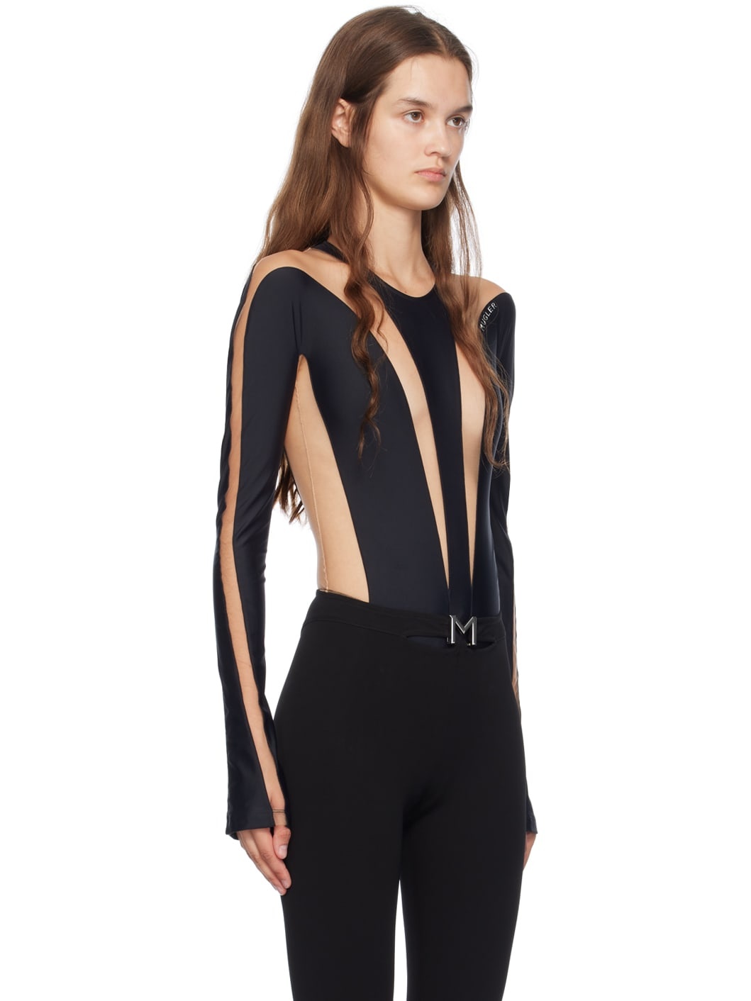 Black & Beige Paneled Bodysuit - 2