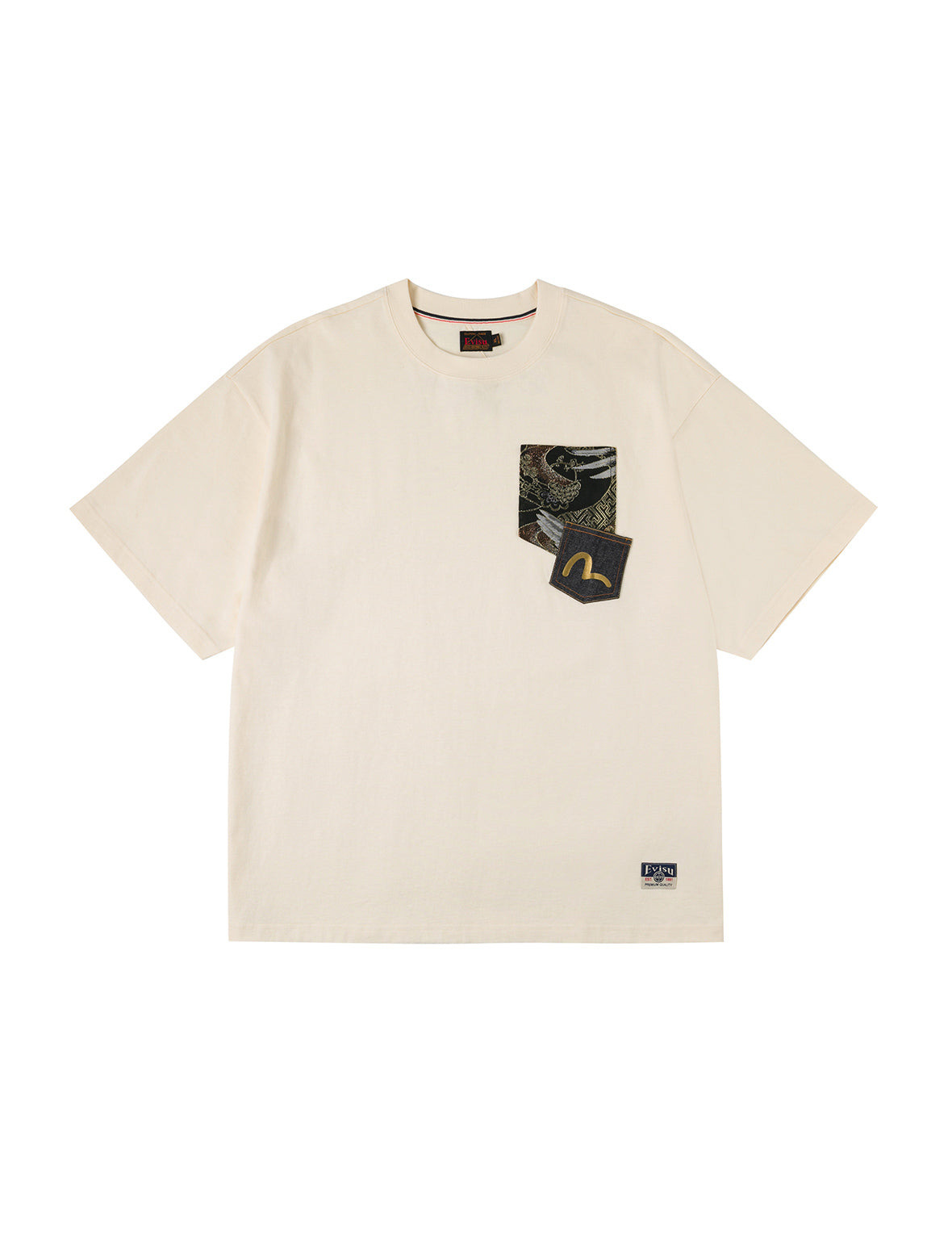 Brocade Pocket with Seagull Foil Print Loose Fit T-Shirt - 10
