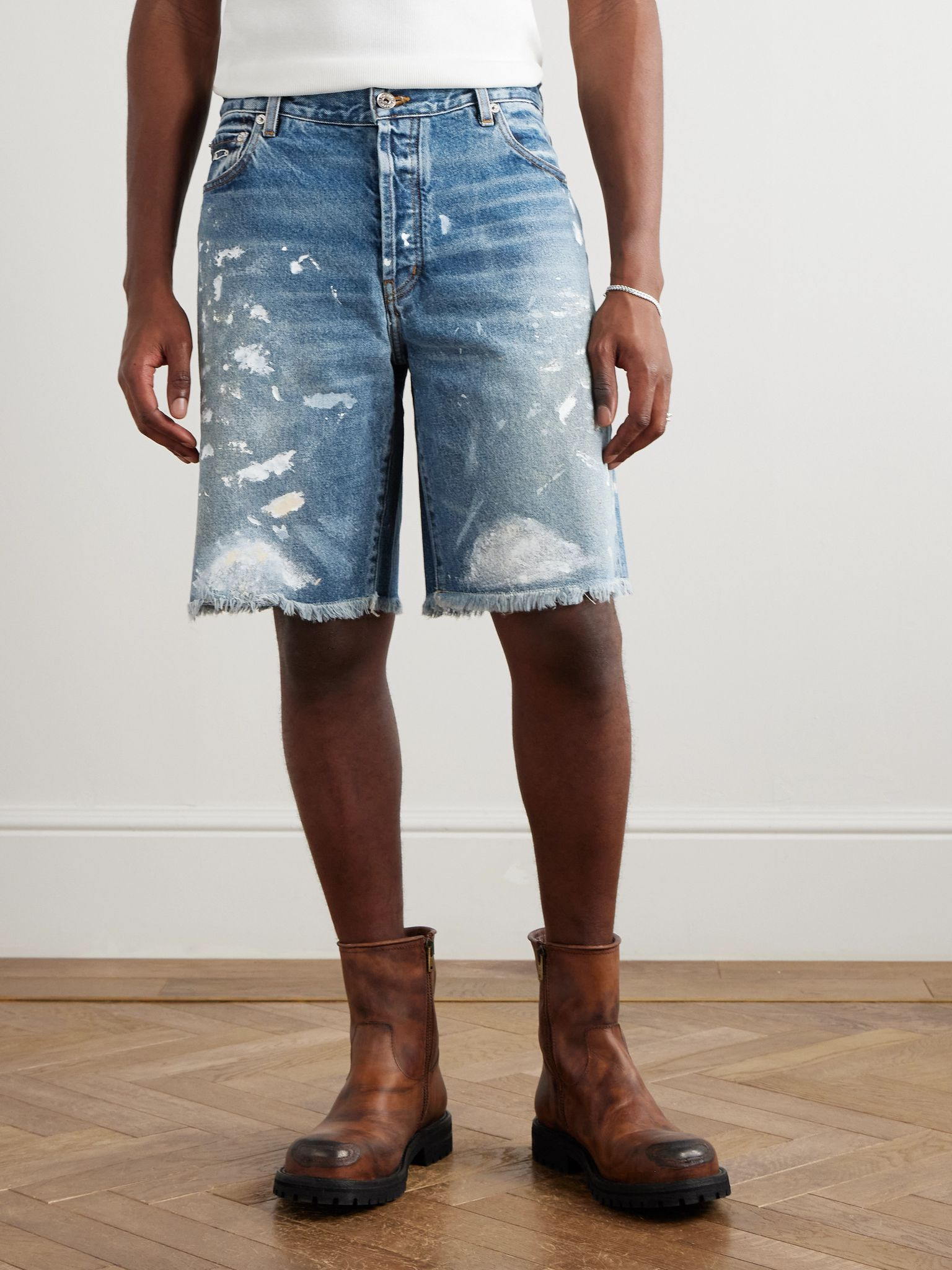 Ventura Straight-Leg Distressed Paint-Splattered Denim Shorts Blue - 3