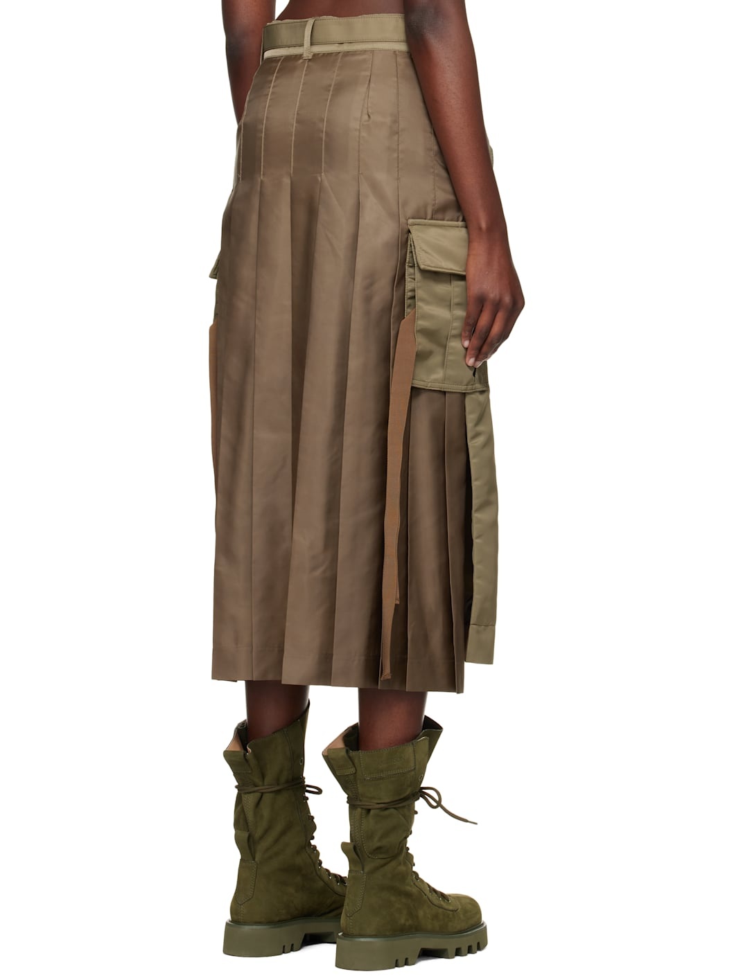 Khaki Nylon Twill Midi Skirt - 3