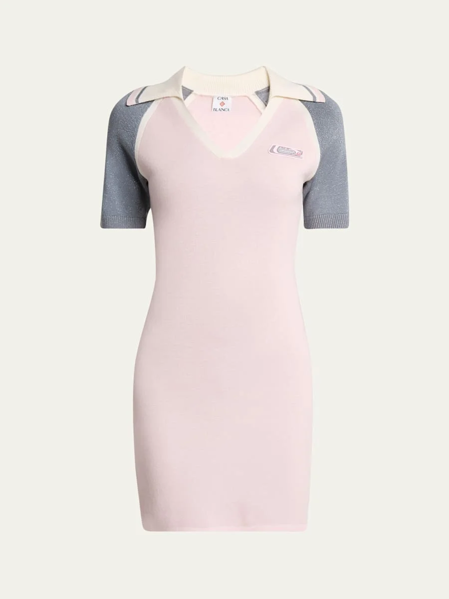 Metallic Short-Sleeve Sporty Mini Polo Dress - 1