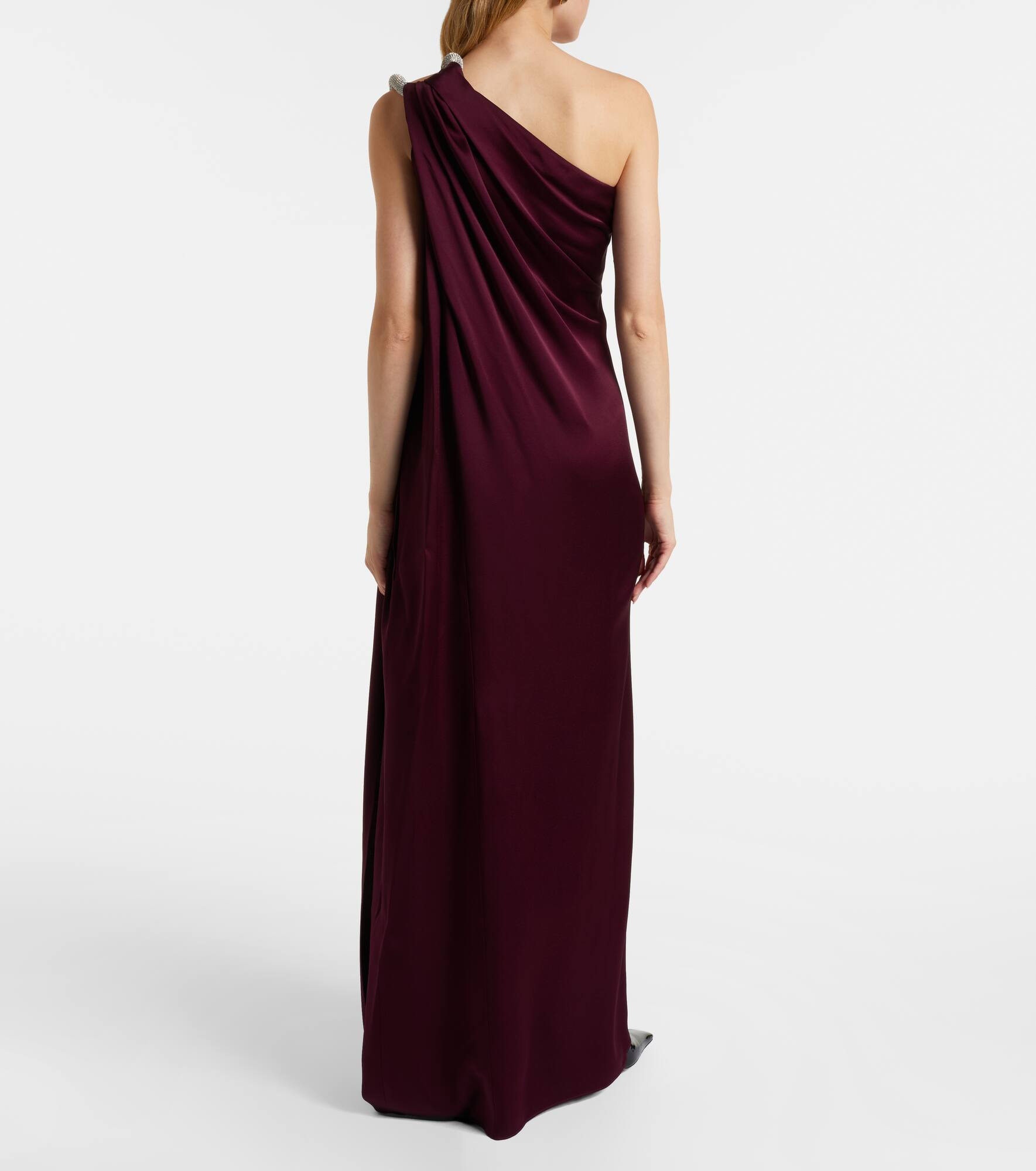 Draped embellished one-shoulder satin gown - 3