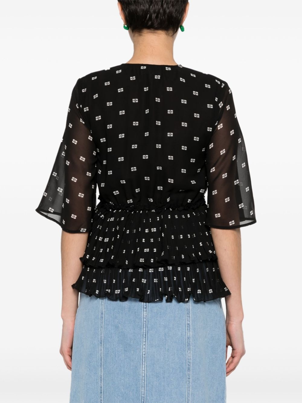 graphic-print V-neck pleated blouse - 4