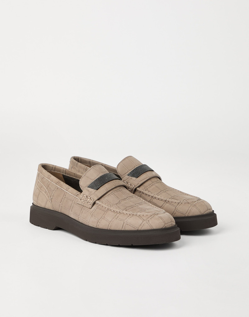 Croc print nubuck penny loafers with precious detail - 1