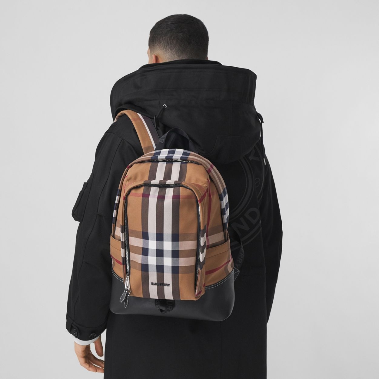 Large Check Cotton Canvas and Leather Backpack - 3