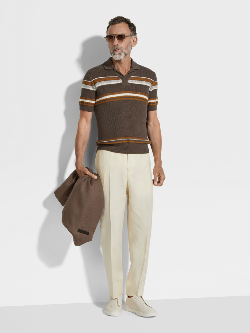 DARK TAUPE OCHRE AND WHITE COTTON AND SILK POLO SHIRT 3