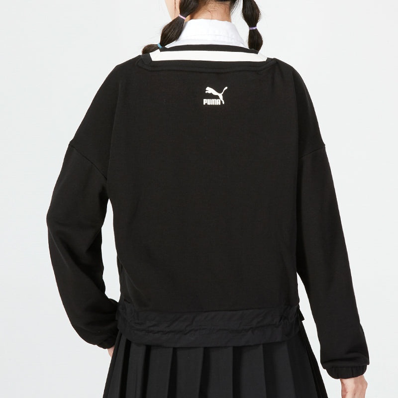 (WMNS) PUMA Logo V neck Sweatshirt 'Black' 537524-01 - 4