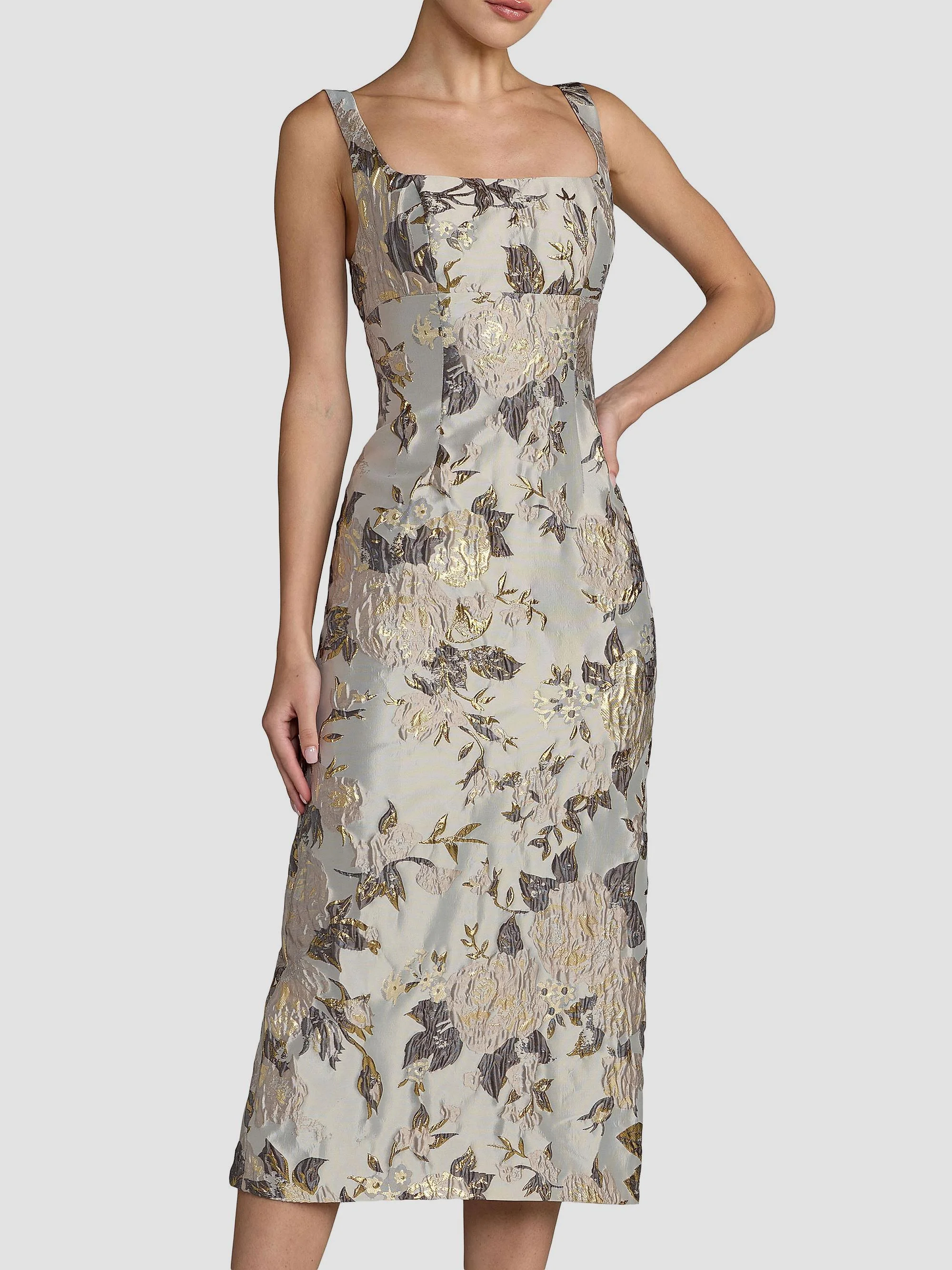 Women's Floral Brocade Sheath Cocktail Dress - Platinum Multi - 1