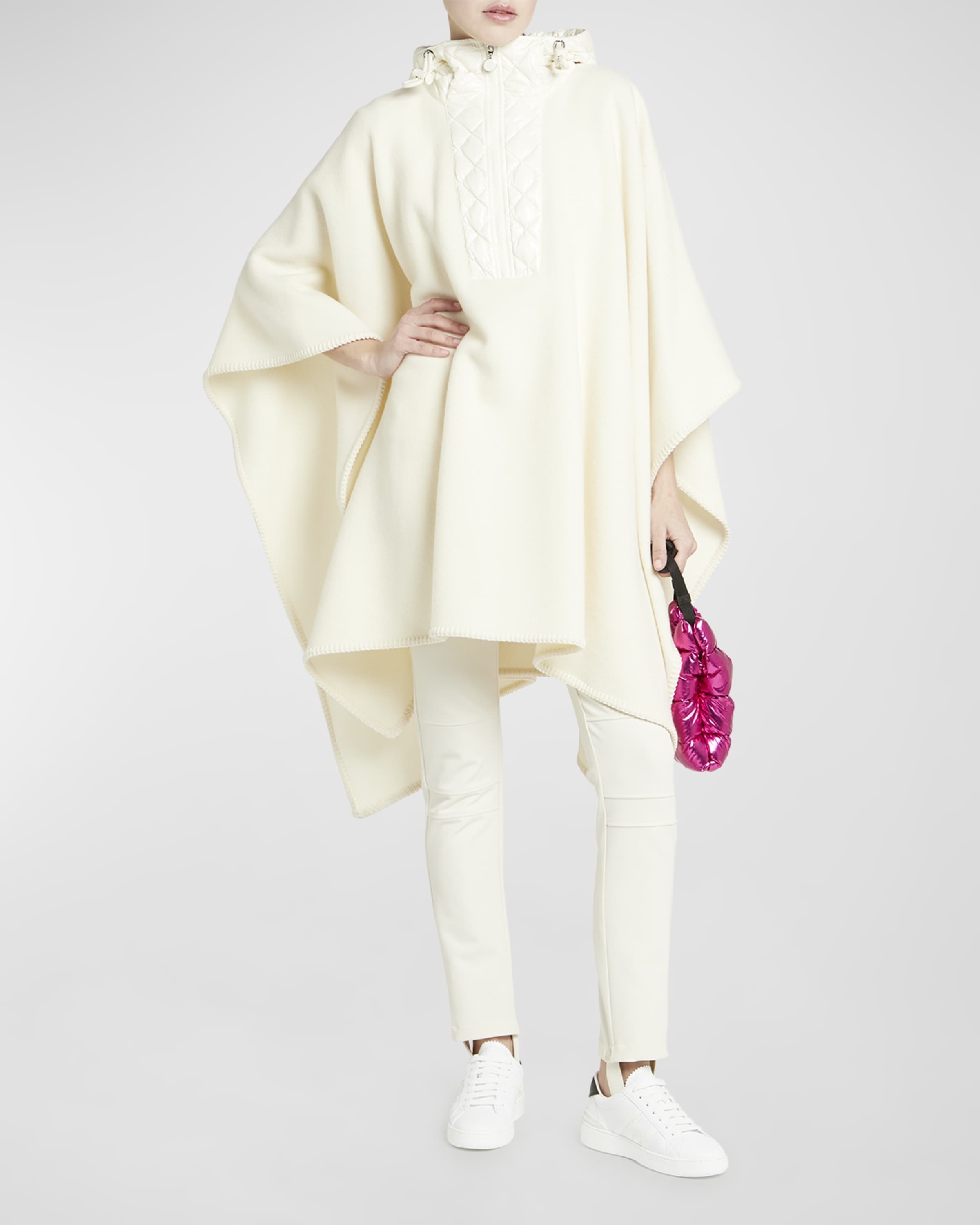 Hooded Long Wool Cape with Quilted Front - 2