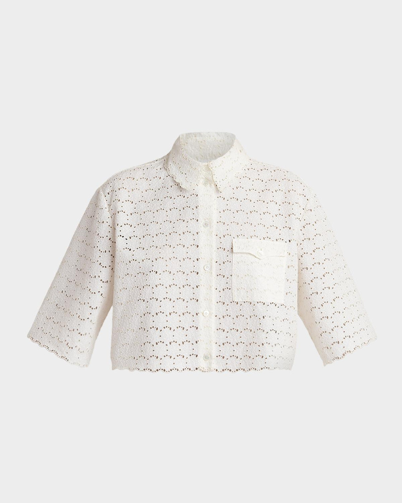 Short-Sleeve Eyelet Cotton Crop Button-Down Shirt 1
