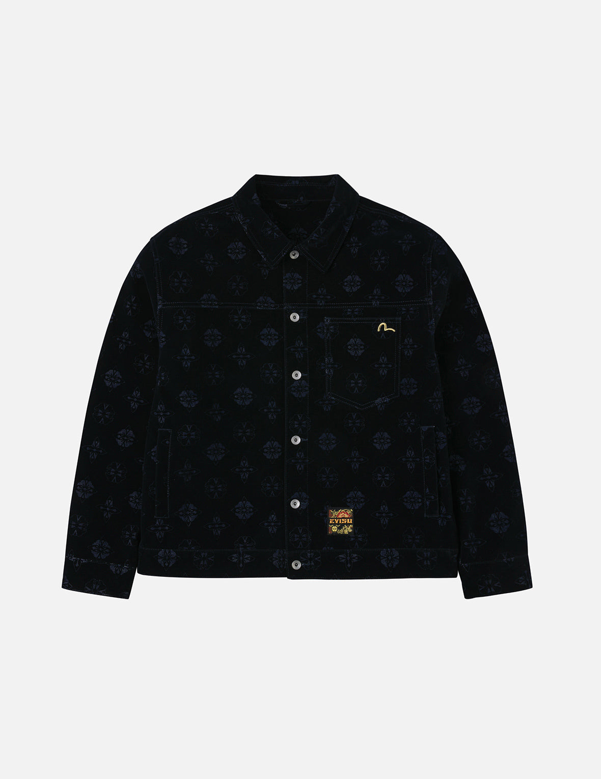 Allover Kamon Flocking Print Relax Fit Denim Jacket - 4