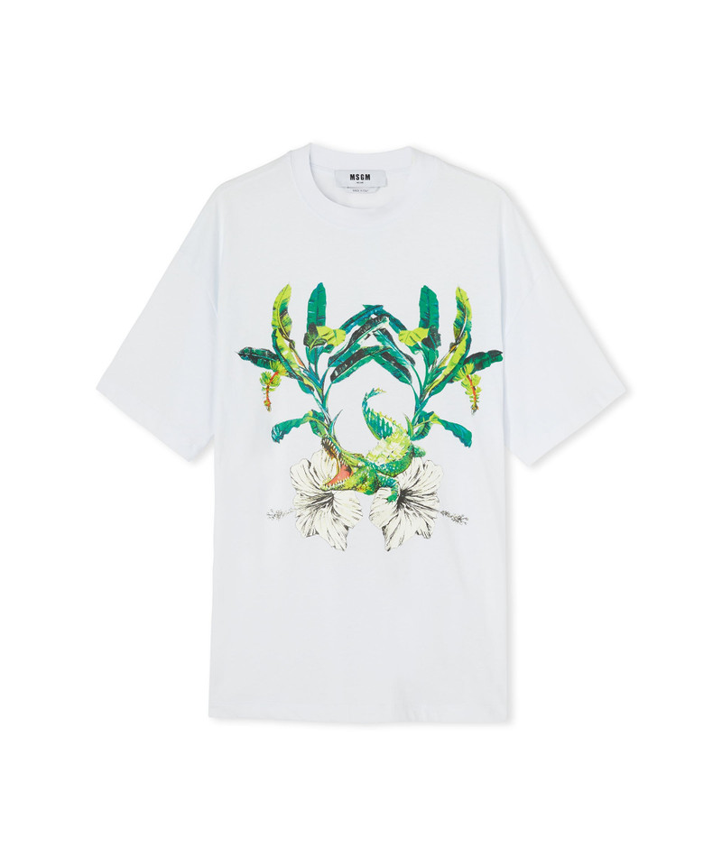 Cotton crewneck t-shirt with "hibiscus crocodile" graphic - 1