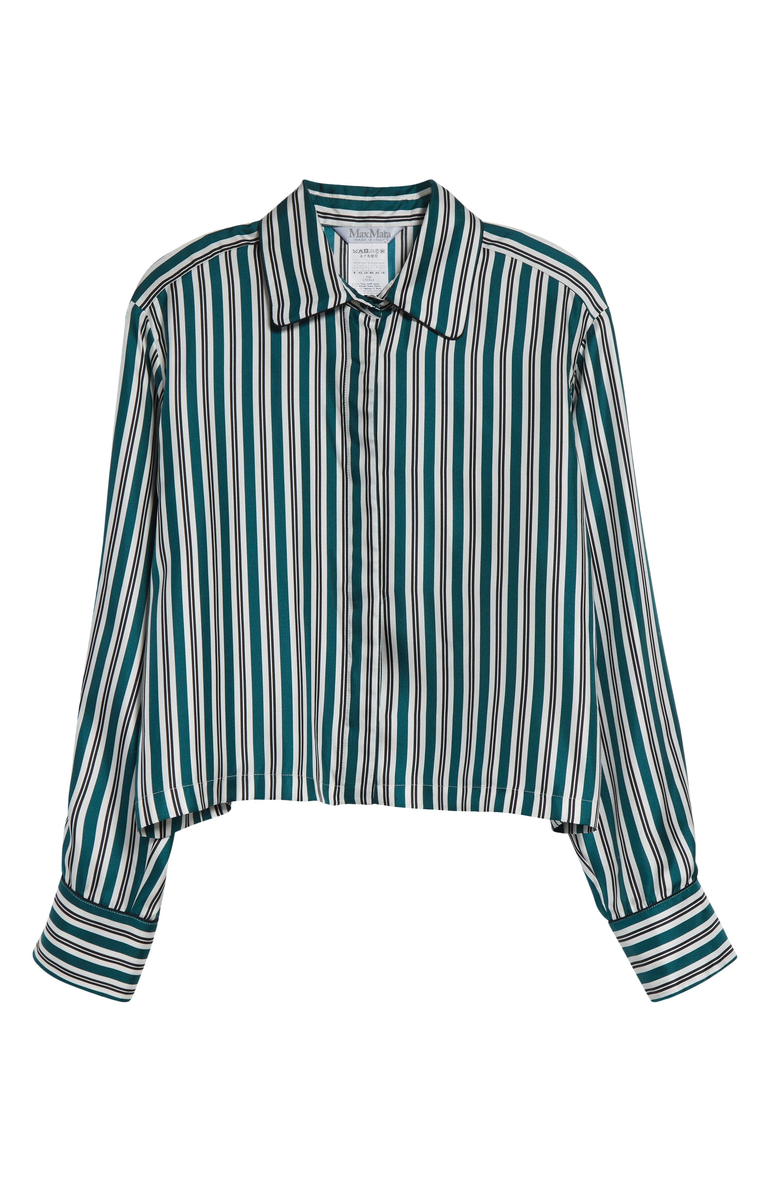 Max Mara Brama Stripe Crop Silk Button-Up Shirt in Dark Green at Nordstrom - 6