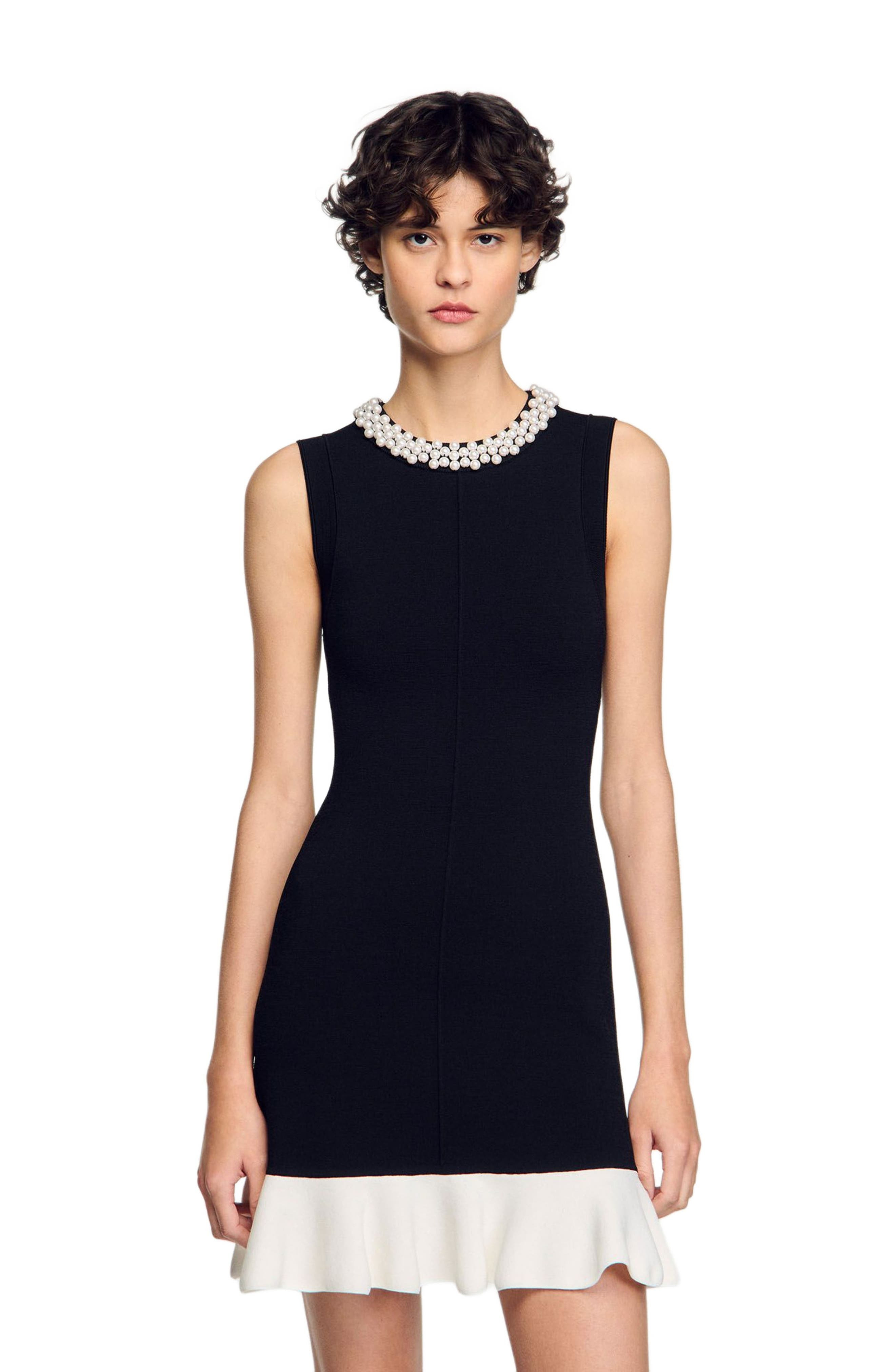 SANDRO Mini knit dress with beaded neck in Black /Ecru at Nordstrom - 3