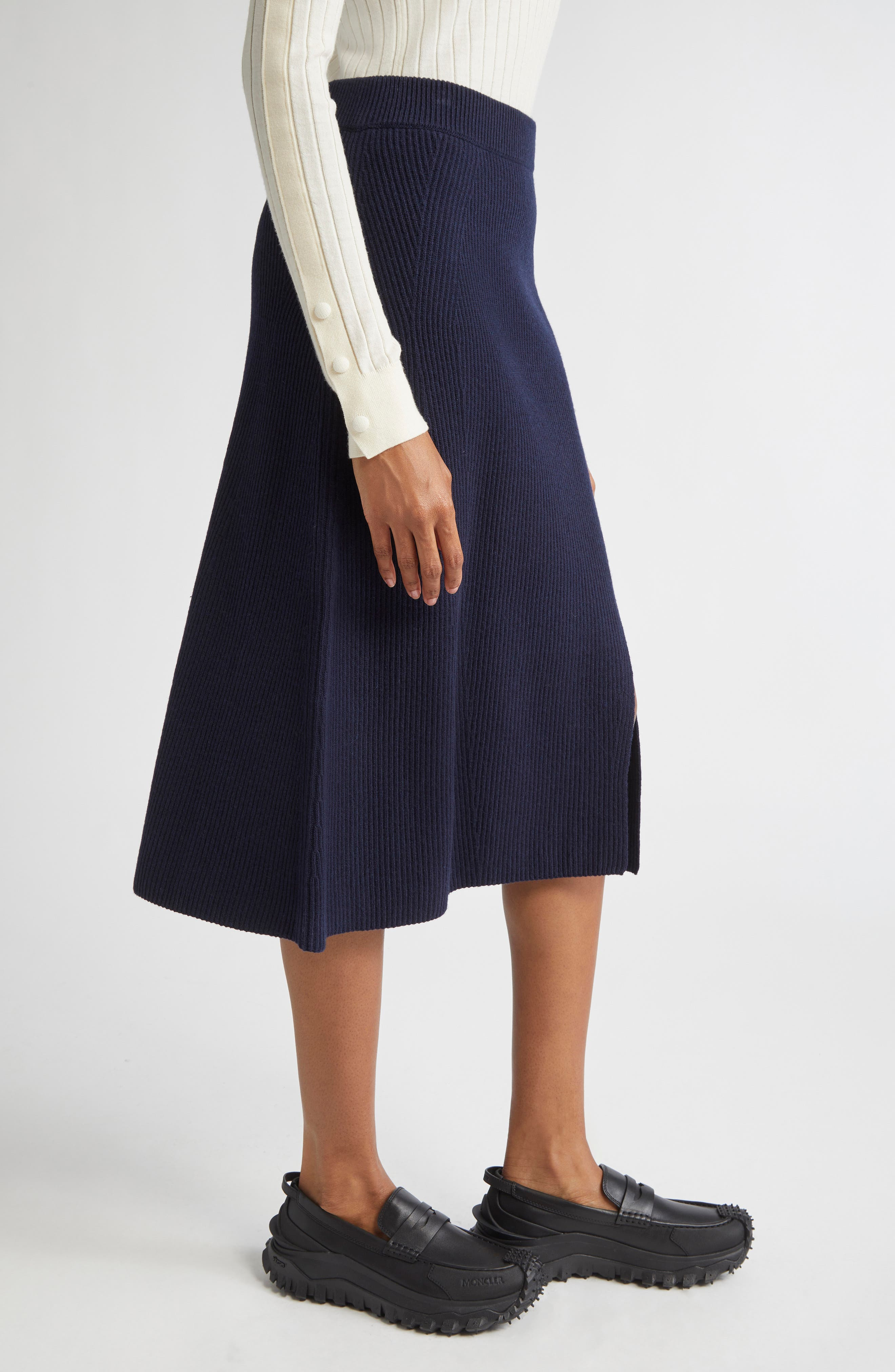 Moncler Virgin Wool & Cashmere Midi Sweater Skirt in Deep Navy at Nordstrom - 4