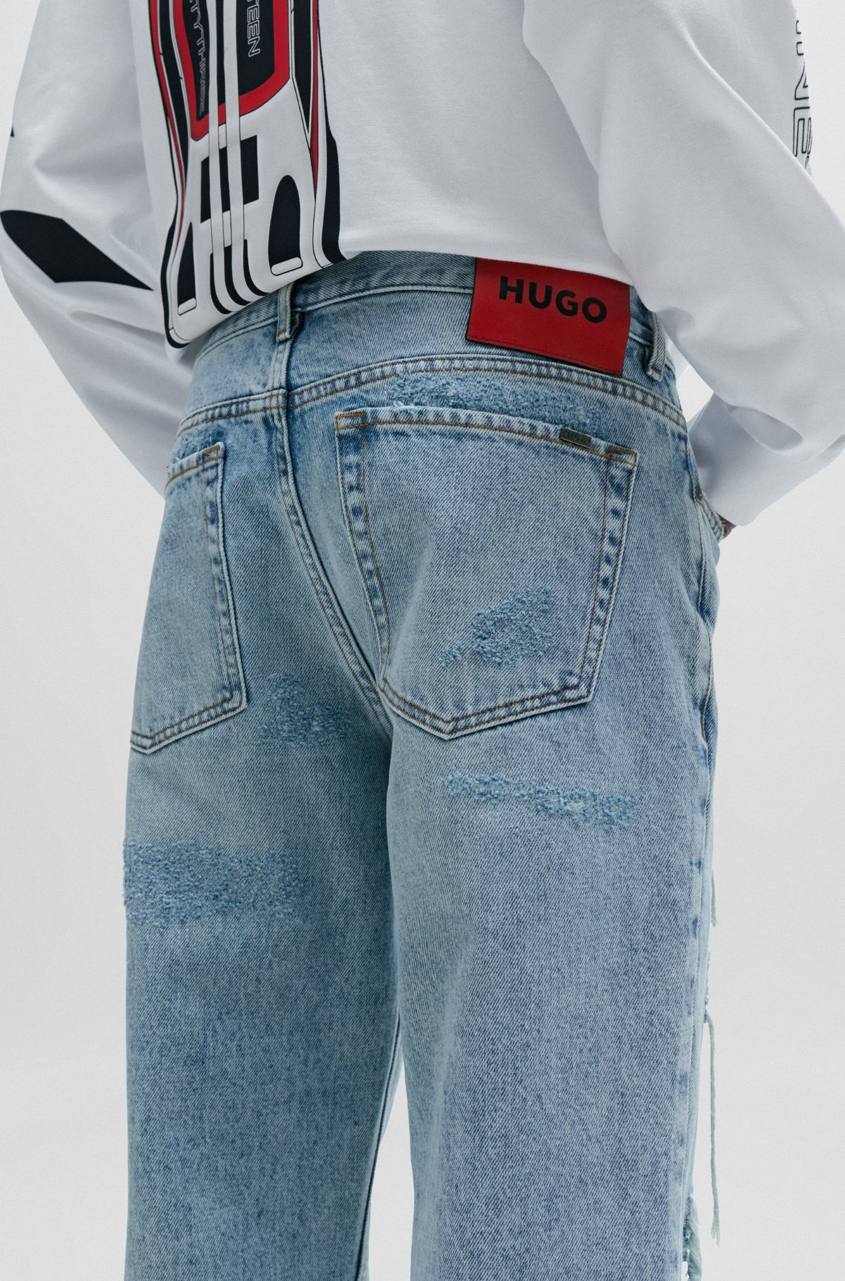 TAPERED-FIT JEANS IN BLUE DENIM WITH DESTROYED DETAILS - 5