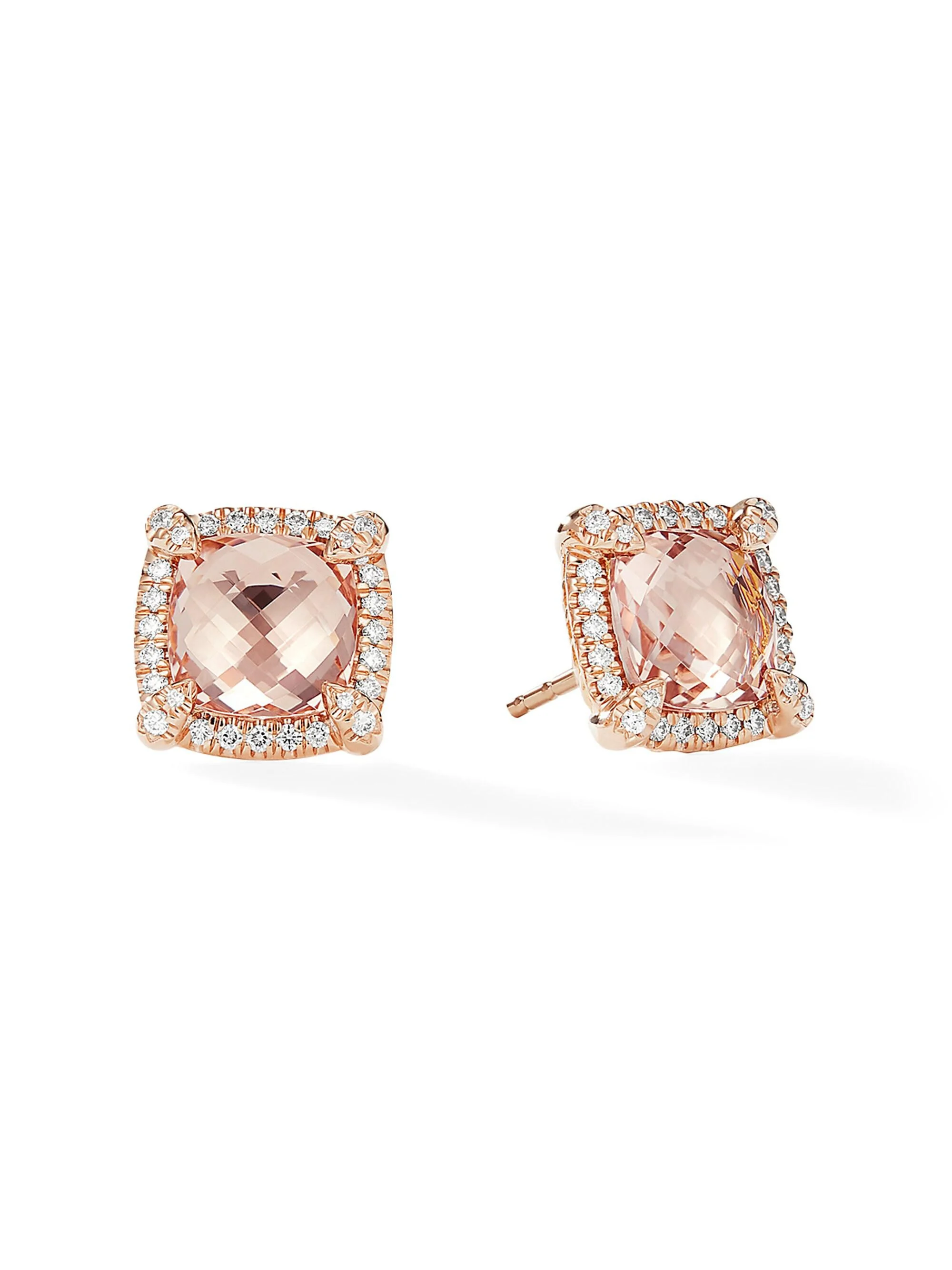 Women's Chatelaine Pavé Bezel Stud Earrings in 18K Rose Gold with Morganite and Diamonds, 8MM - Morg - 1