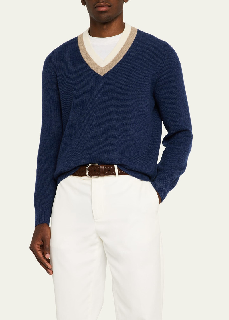 Men's Cashmere Double Varsity Stripe V-Neck Sweater 4