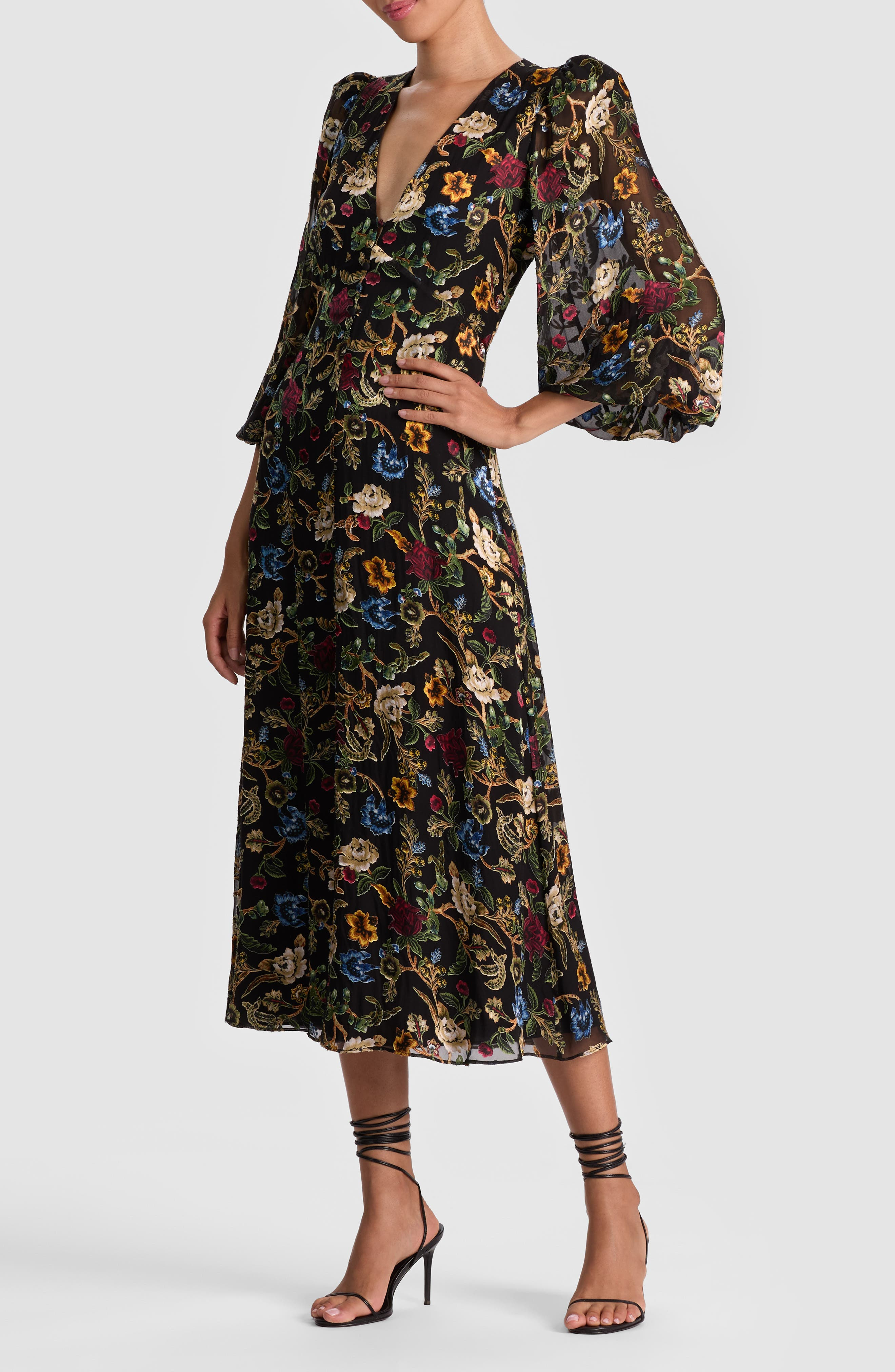 Alice + Olivia Mona Floral Burnout Long Sleeve Midi Dress in Tapestry Trails Sm Black at Nordstrom - 3