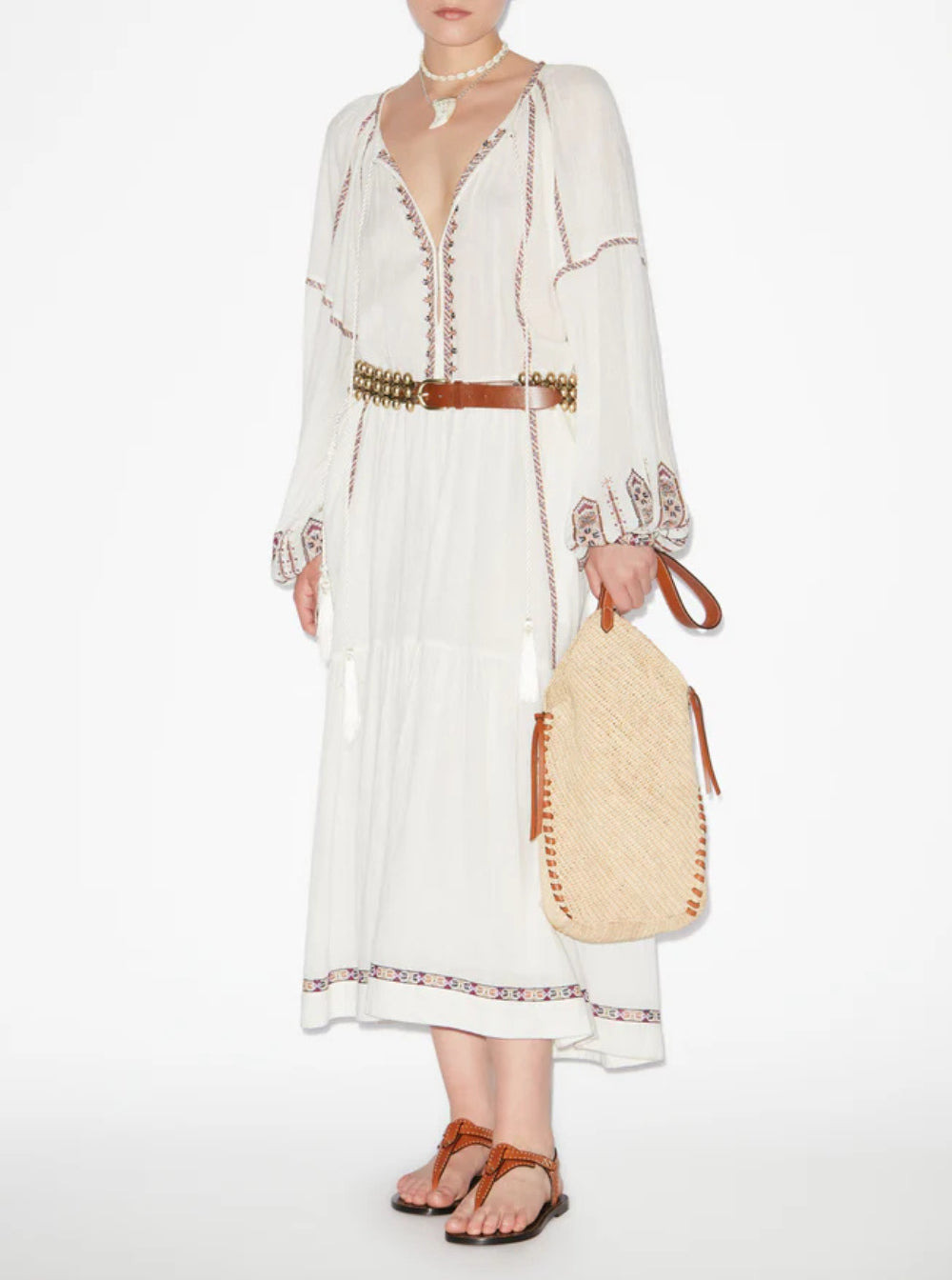 Isabel Marant Etoile Women 'Florenza' White Long Dress With Tie Neck And Embossed Design In Cotton W - 4