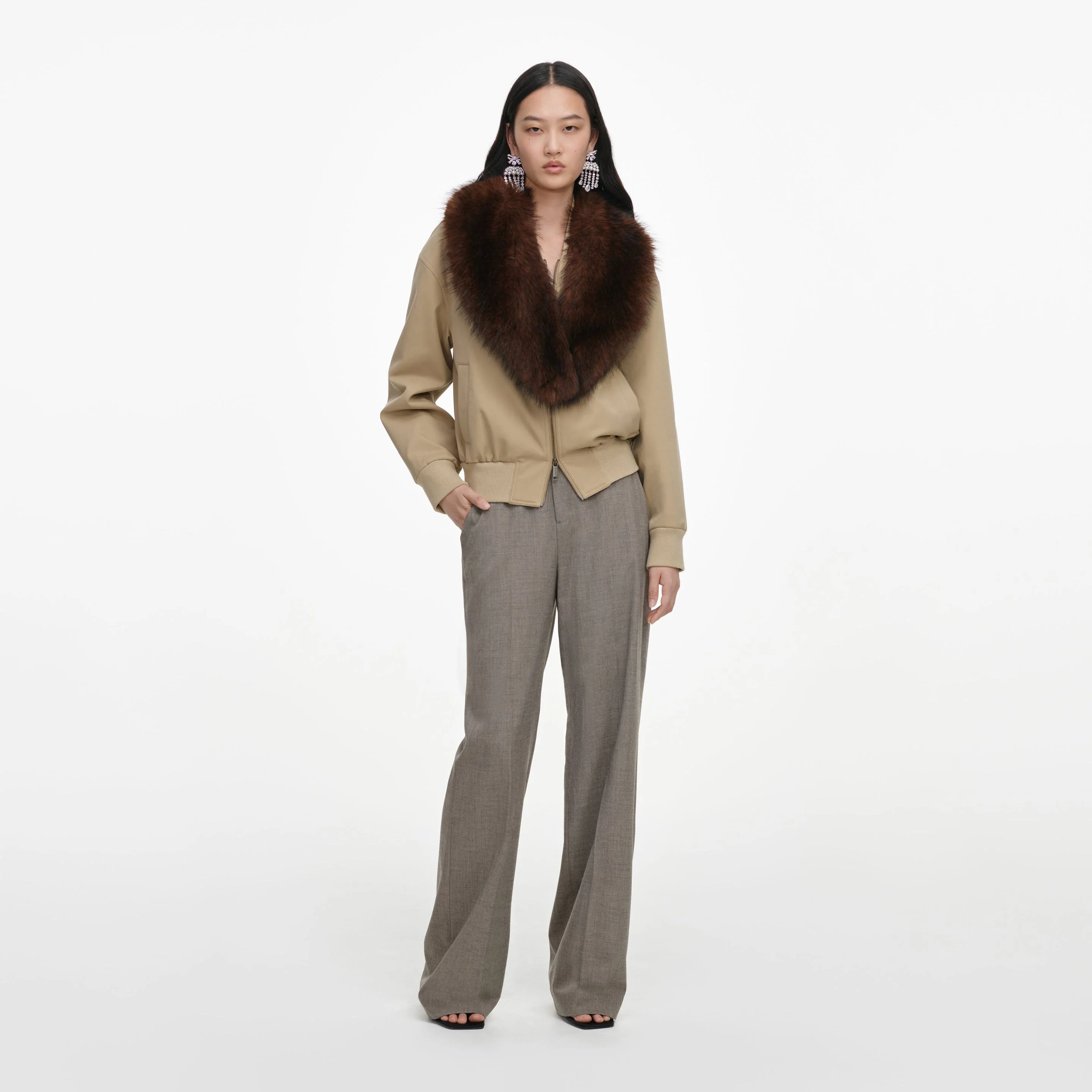 Beige Faux Fur Bomber Jacket - 1