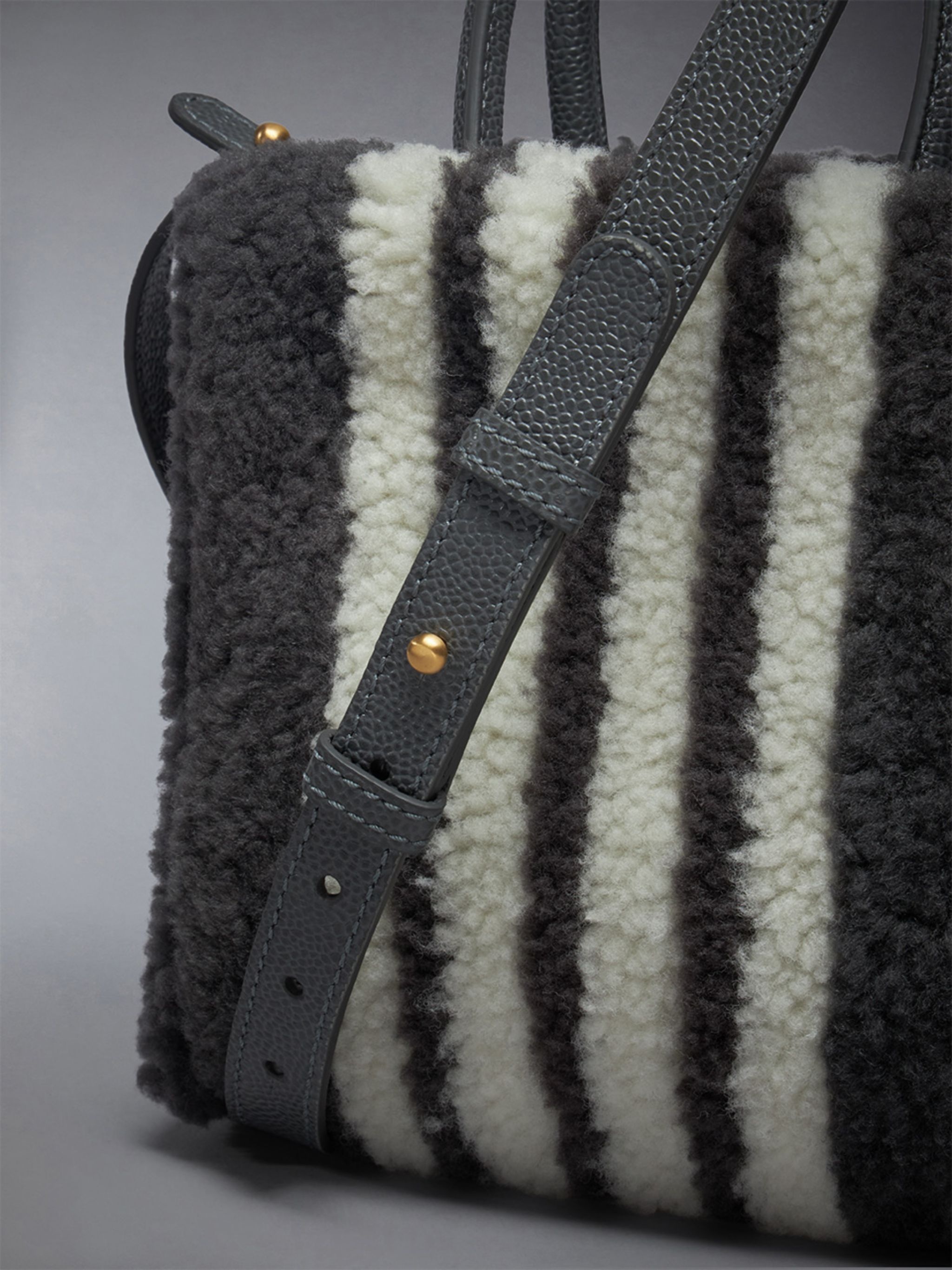 Small Book Tote W/ Intarsia 4bar in Curly Merino Shearling - 5