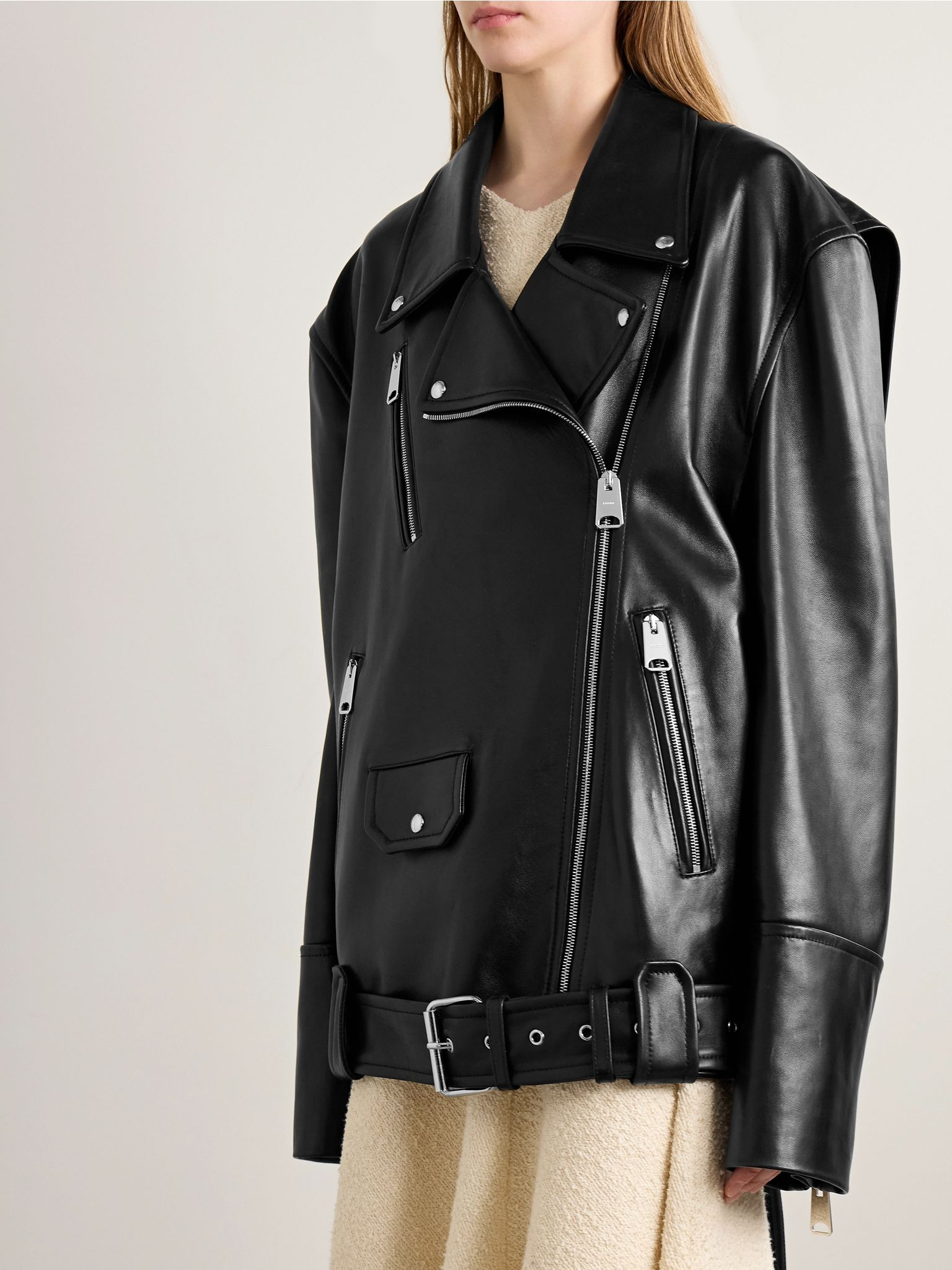 Hansel oversized belted leather biker jacket Black - 3
