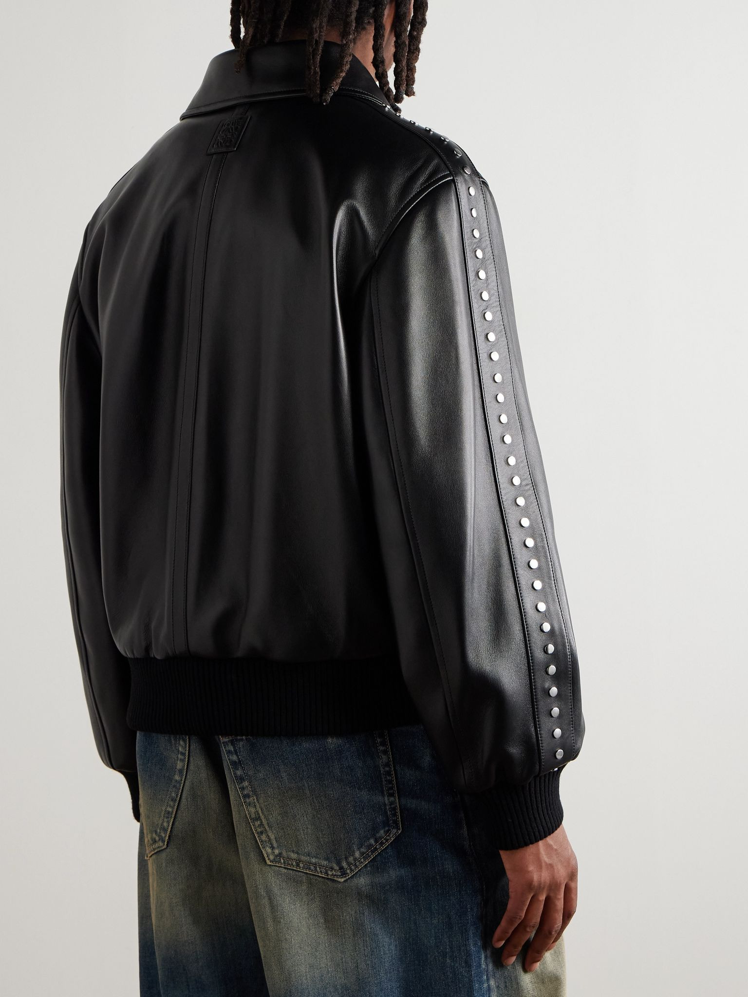 Studded Leather Bomber Jacket Black - 3