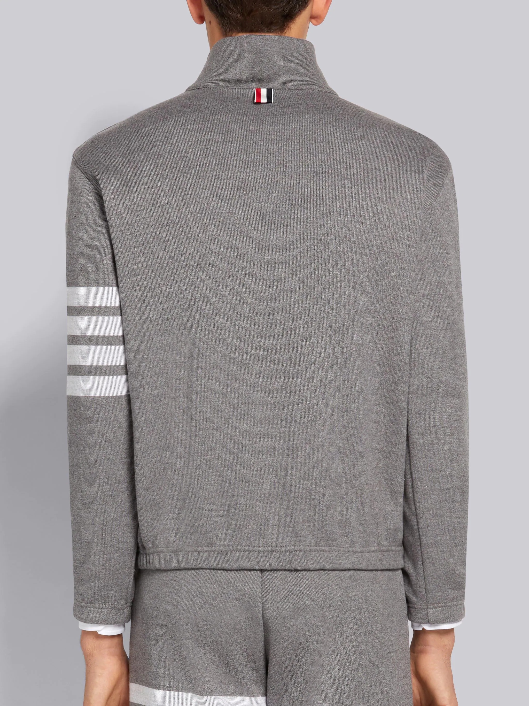 Medium Grey Double Face Cotton Knit 4-Bar Stripe Half Zip Funnel Neck Pullover - 3