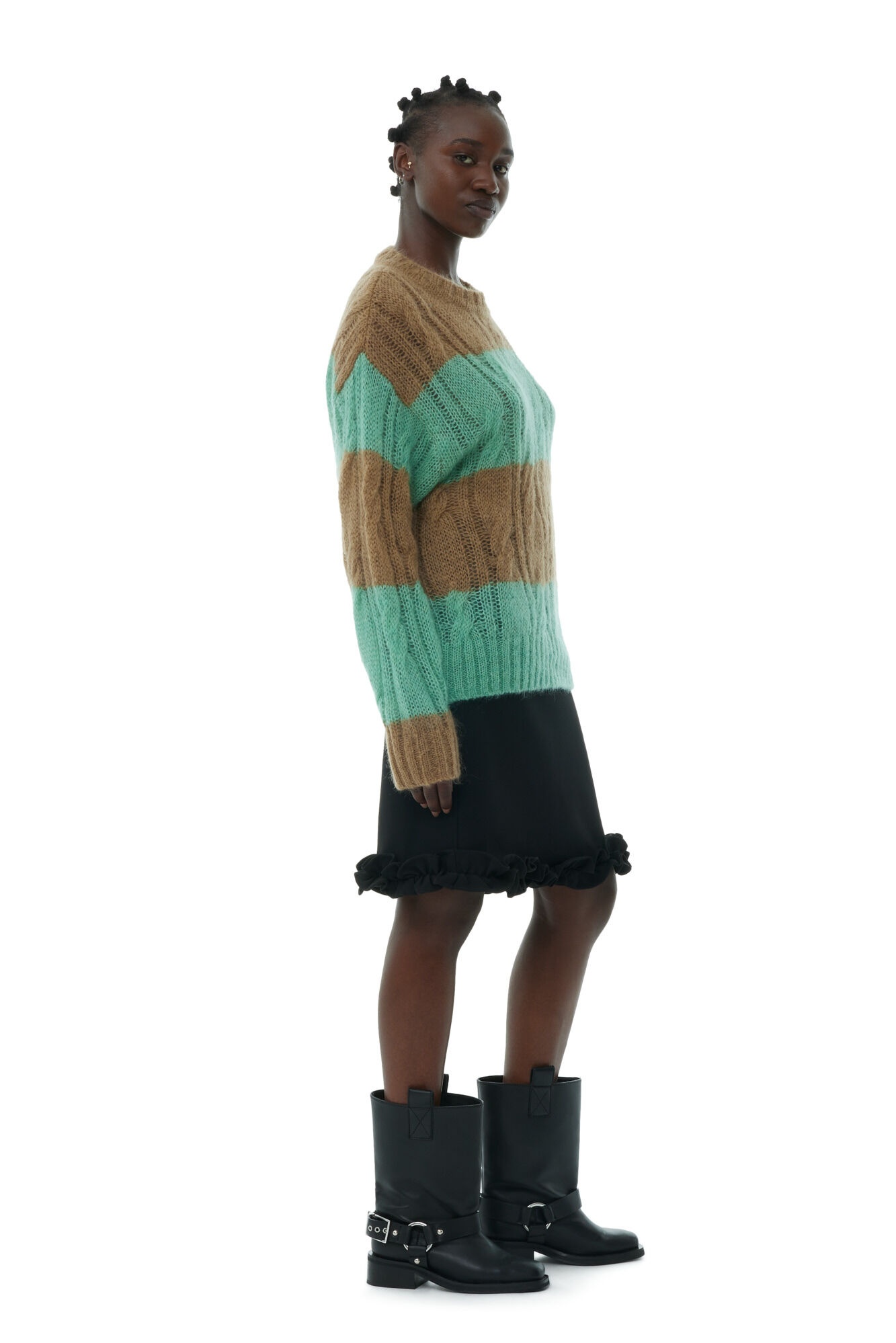 STRIPED MOHAIR CABLE O-NECK SWEATER - 4