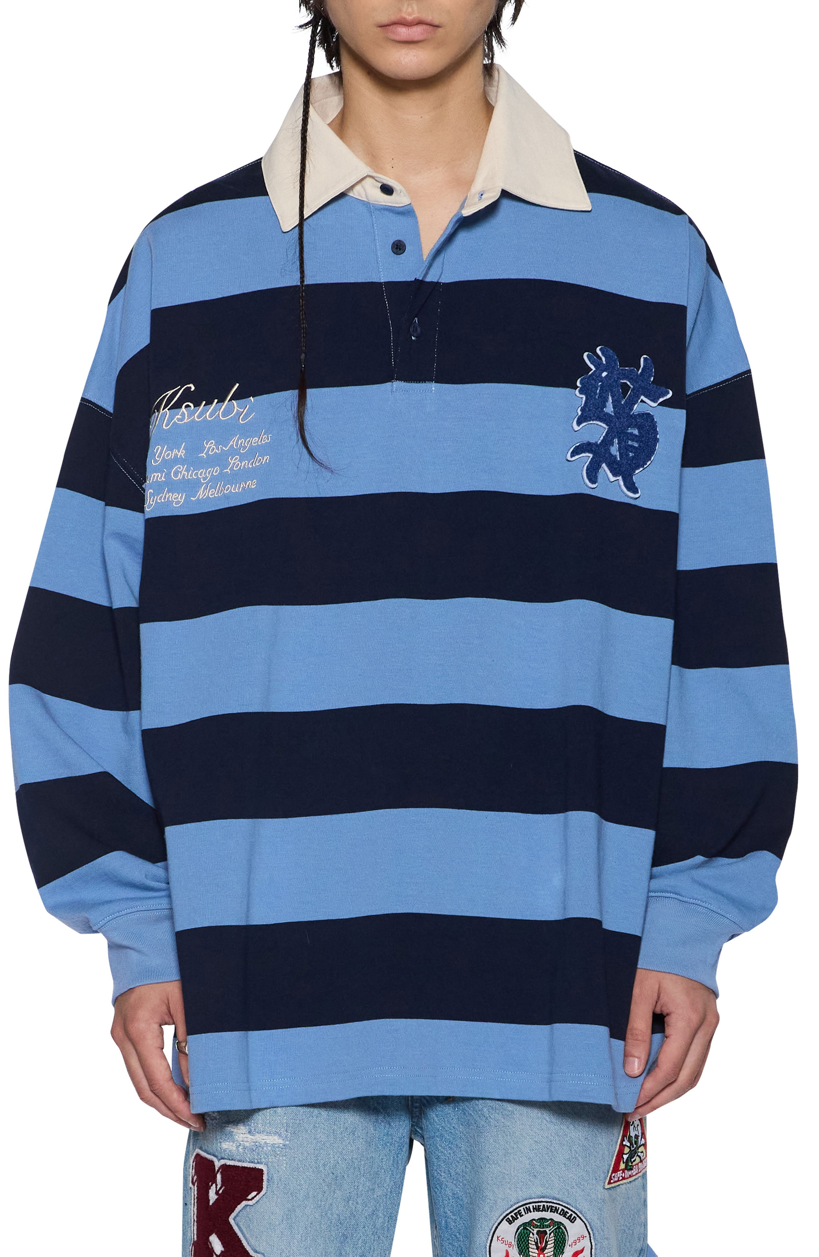 Ksubi Stripe Appliqué Cotton Rugby Shirt in Light Blue at Nordstrom - 1
