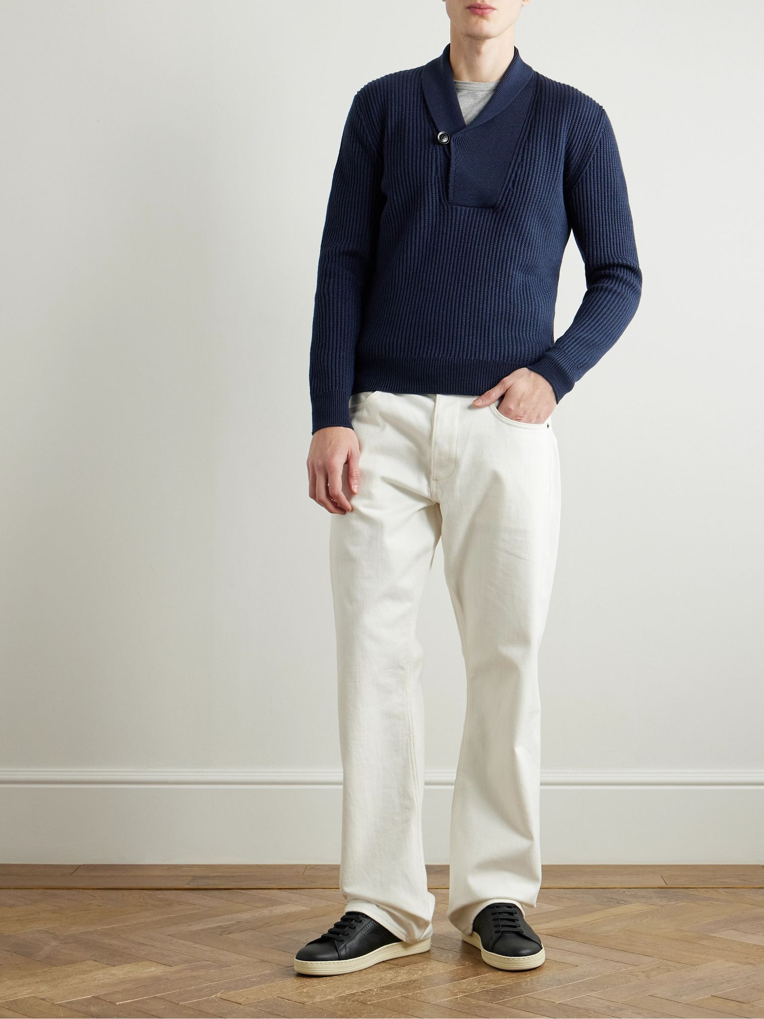 Slim-Fit Shawl-Collar Ribbed Merino Wool-Blend Half-Placket Sweater Navy - 2