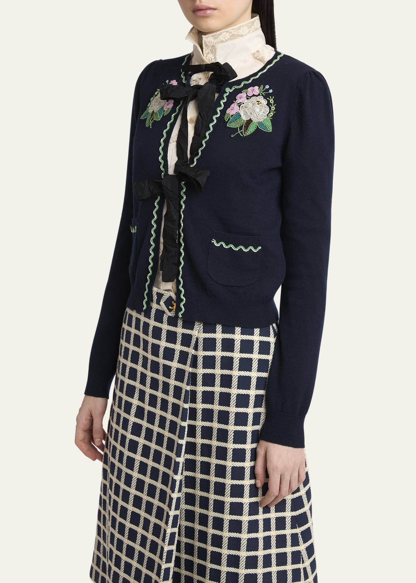 Floral Embroidered Bow-Tie Wool Cardigan - 4