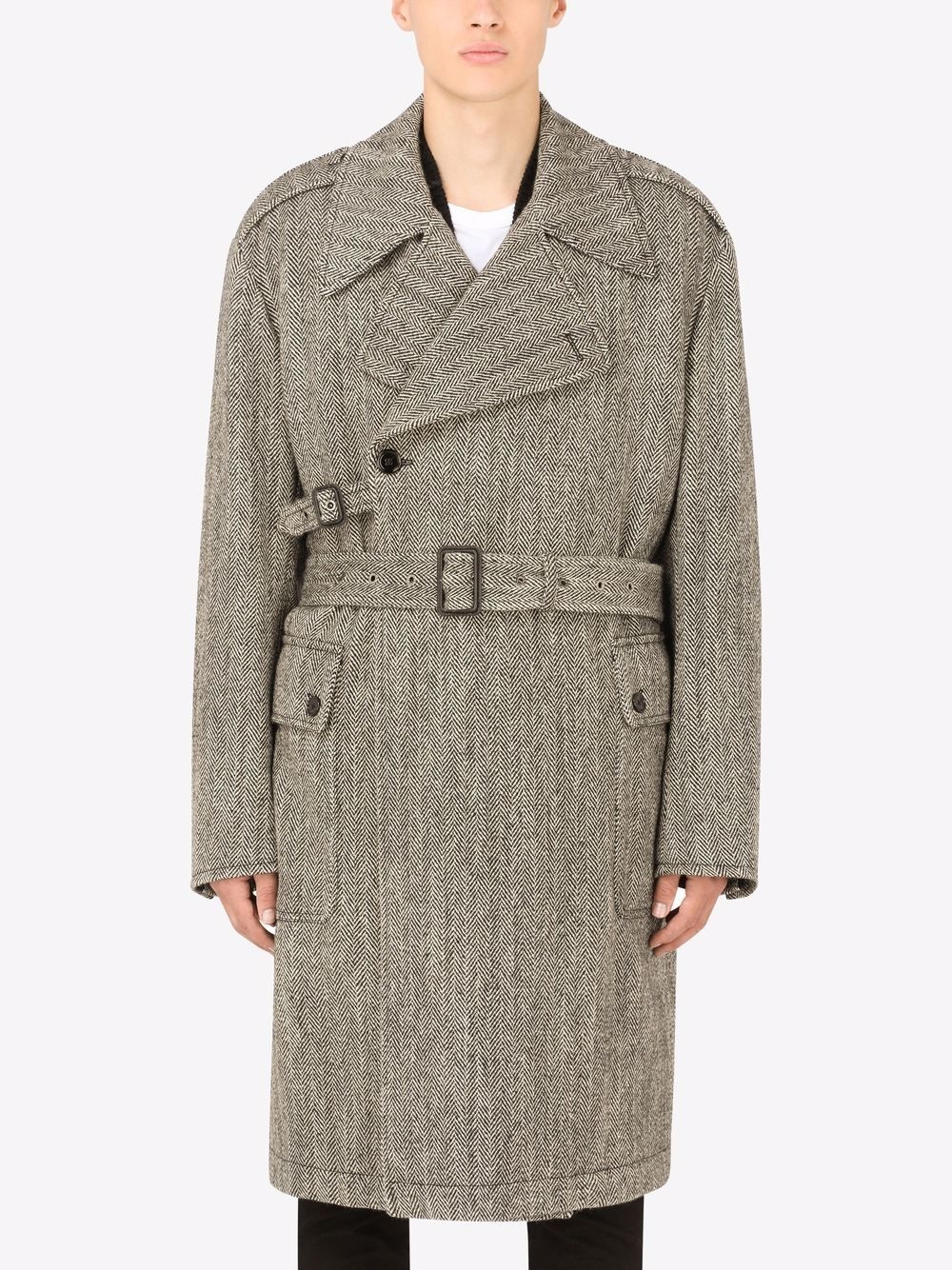 herringbone-pattern mid-length coat - 3