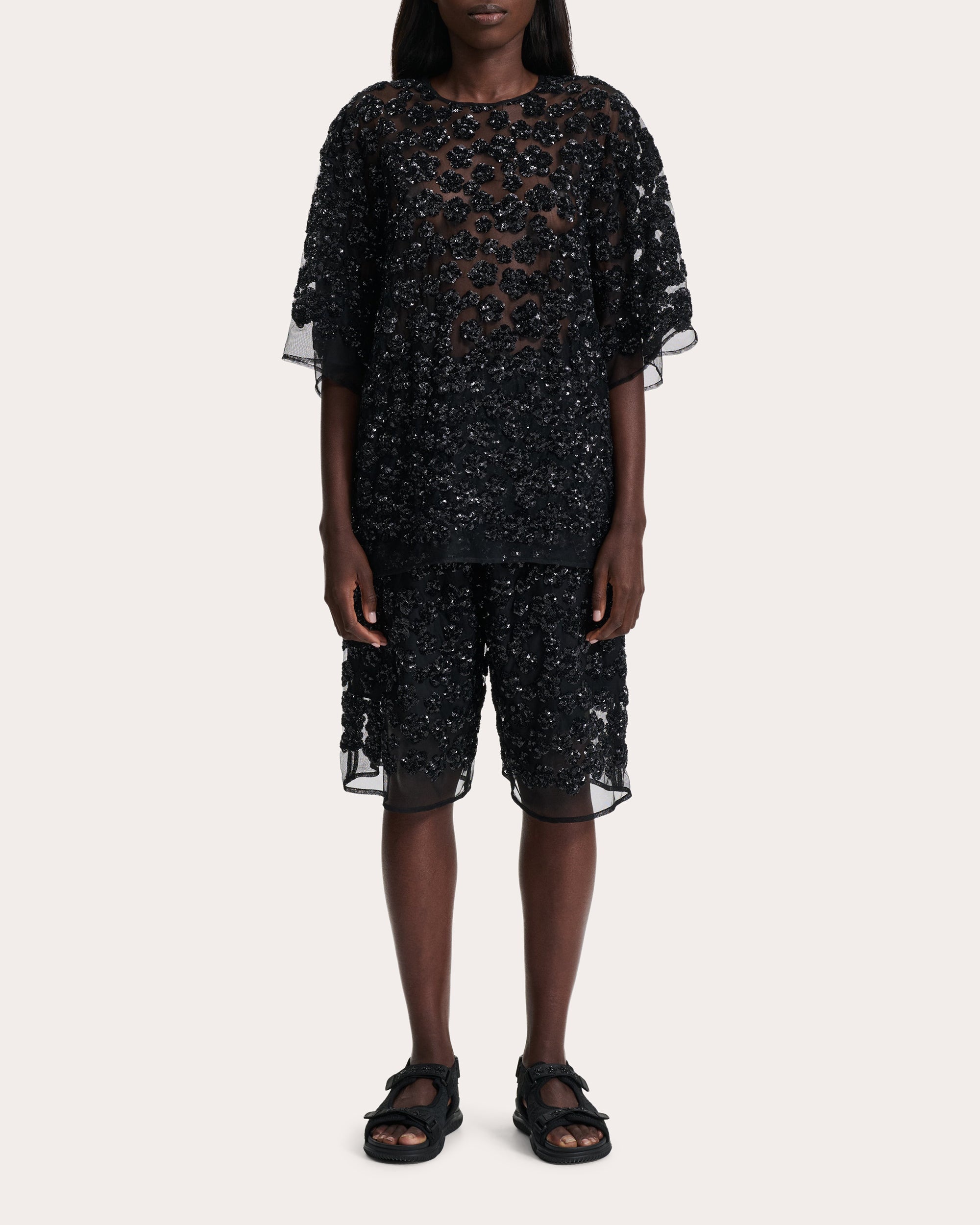 Asra Ume Floral Sequin Sheer Oversized T-Shirt - 1