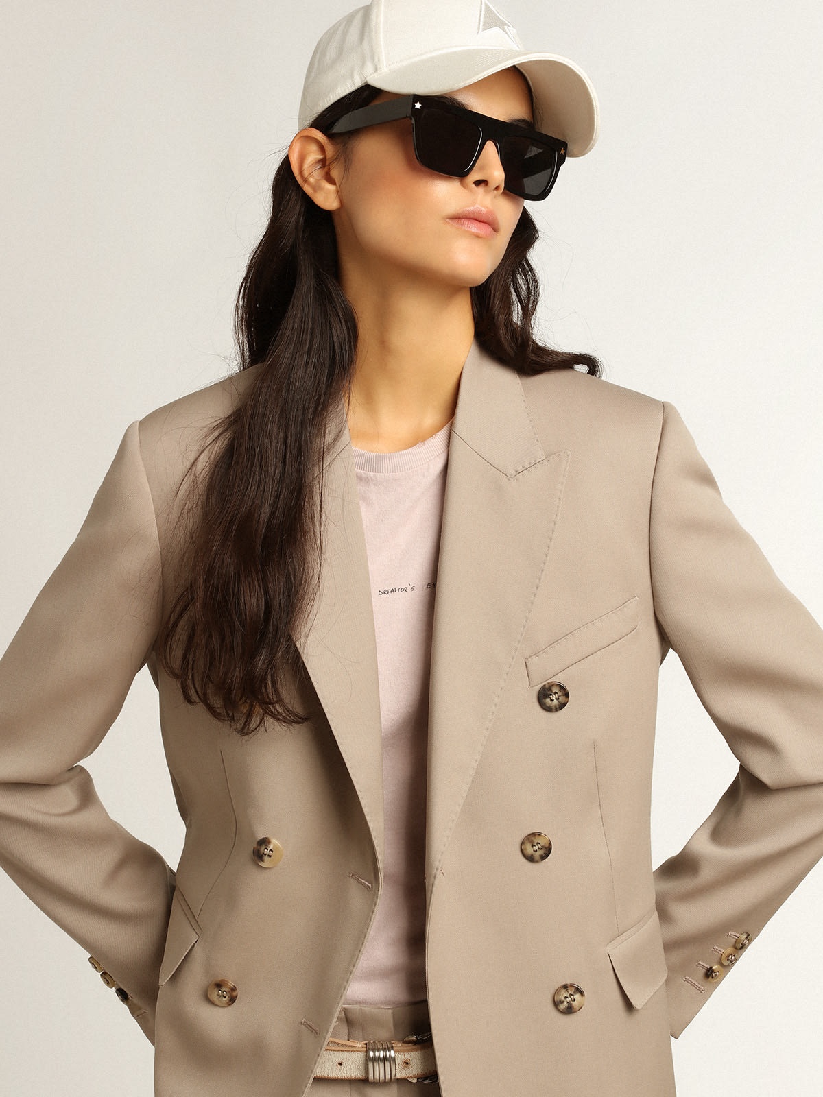 Double-breasted blazer in light beige wool gabardine - 2