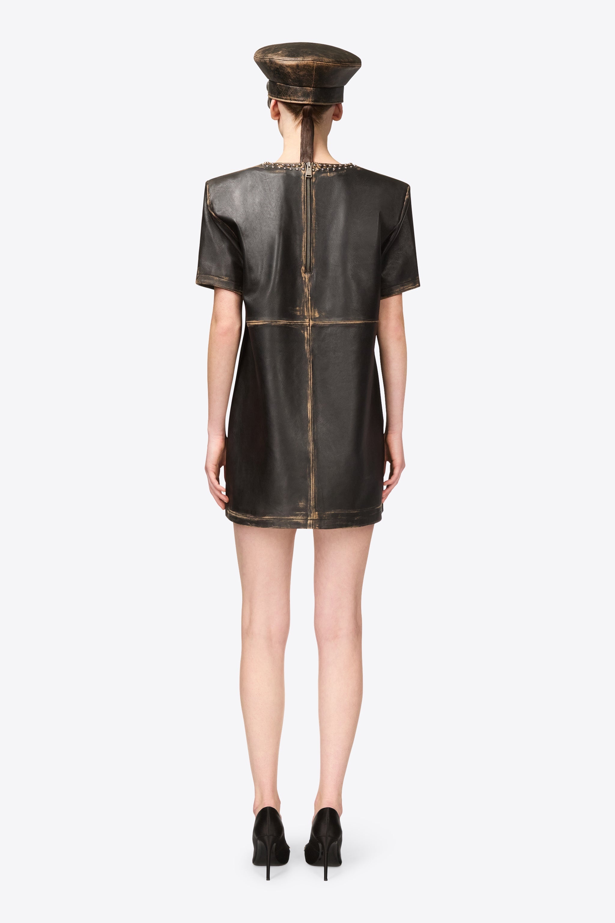 STUDDED LEATHER V-NECK T-SHIRT DRESS - 5