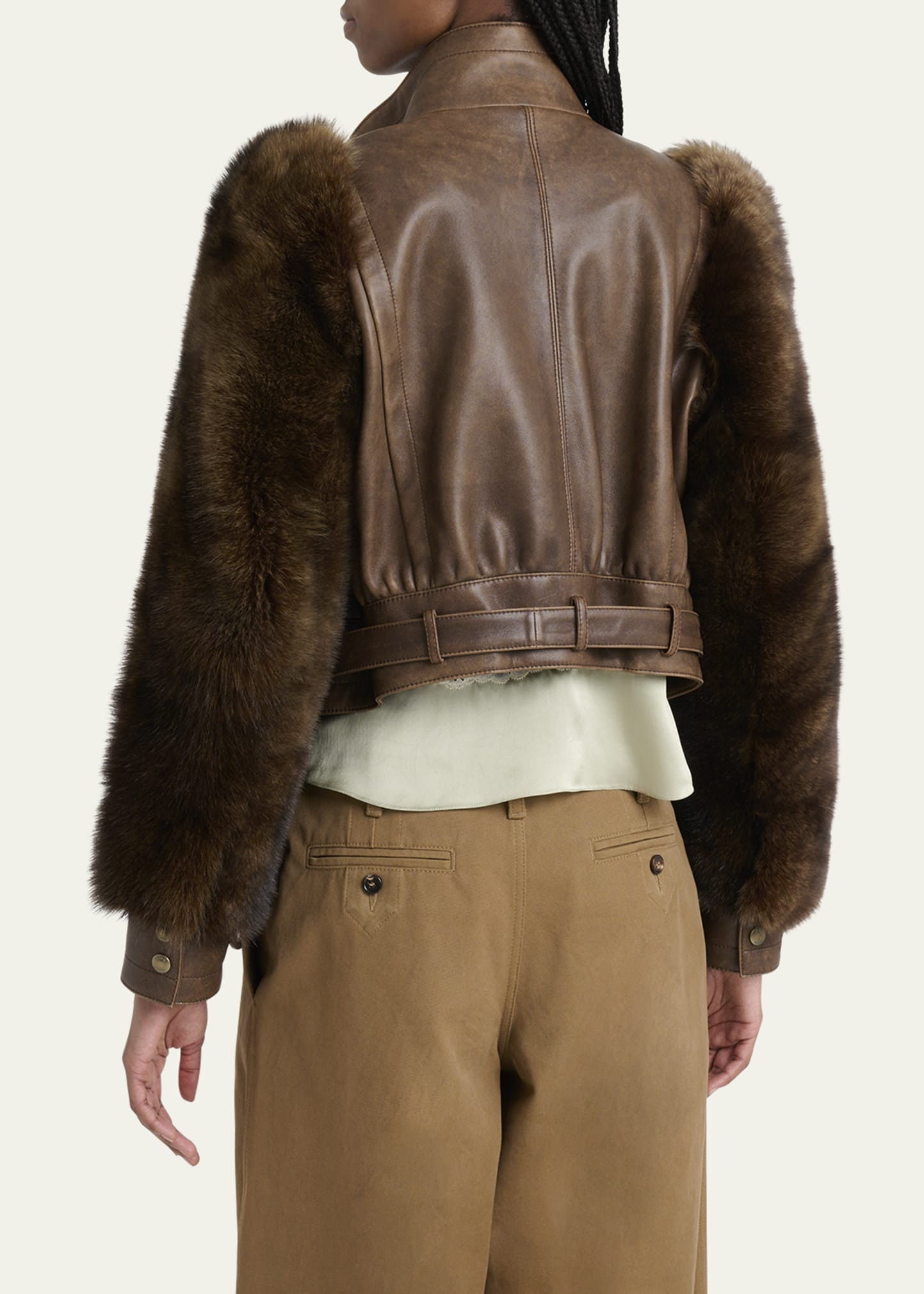 Faux Fur Sleeves Leather Bomber Jacket - 3