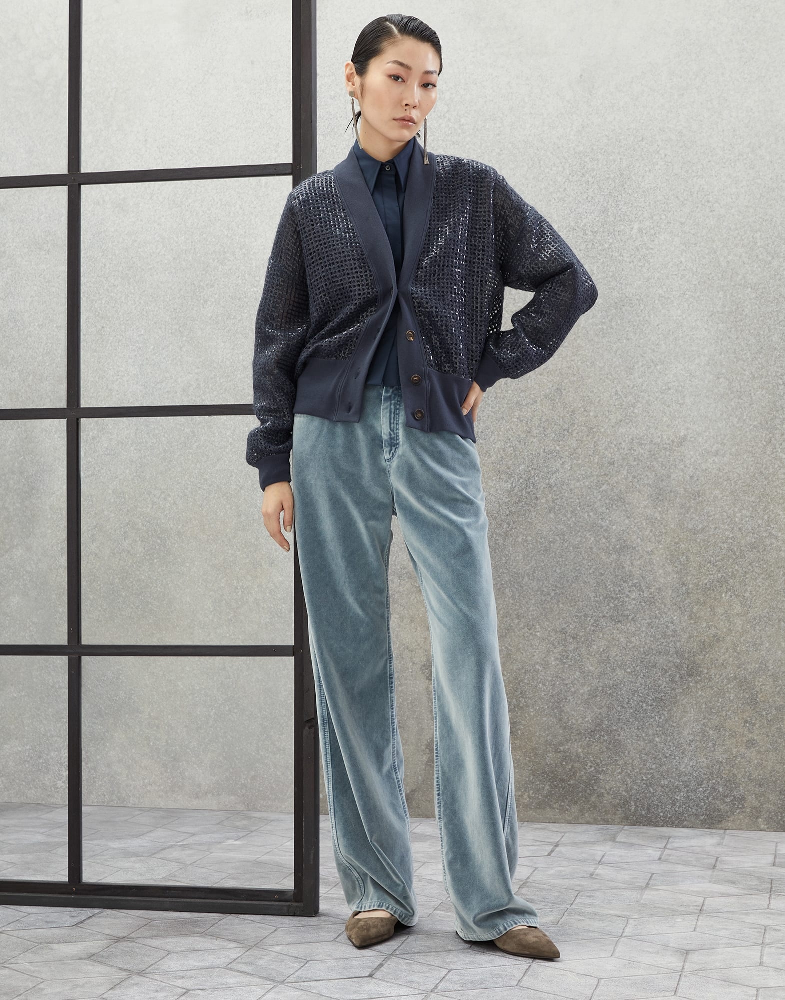 Garment-dyed five-pocket loose trousers in cotton velvet with monili - 5