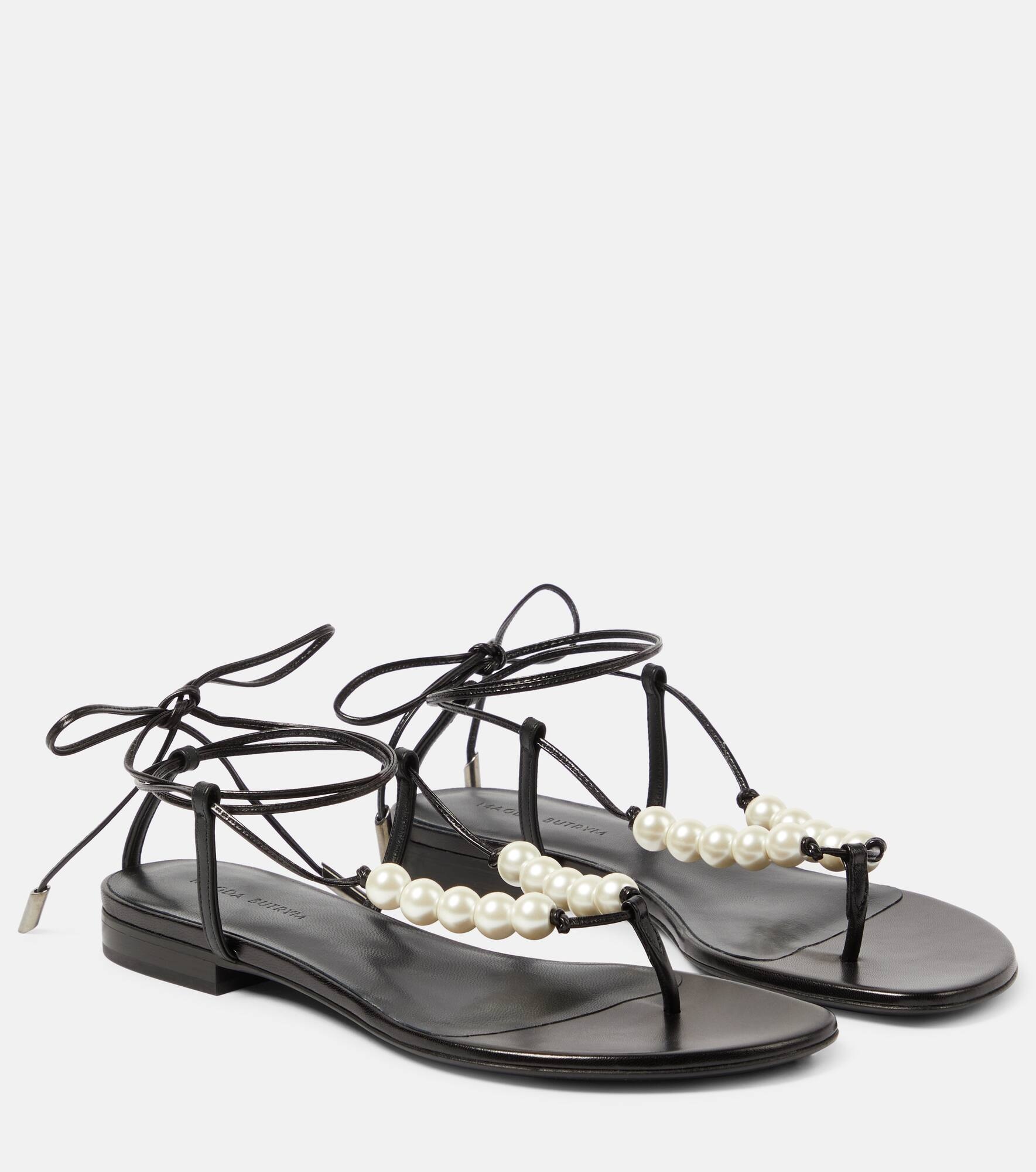 Faux-pearl embellished leather sandals - 1